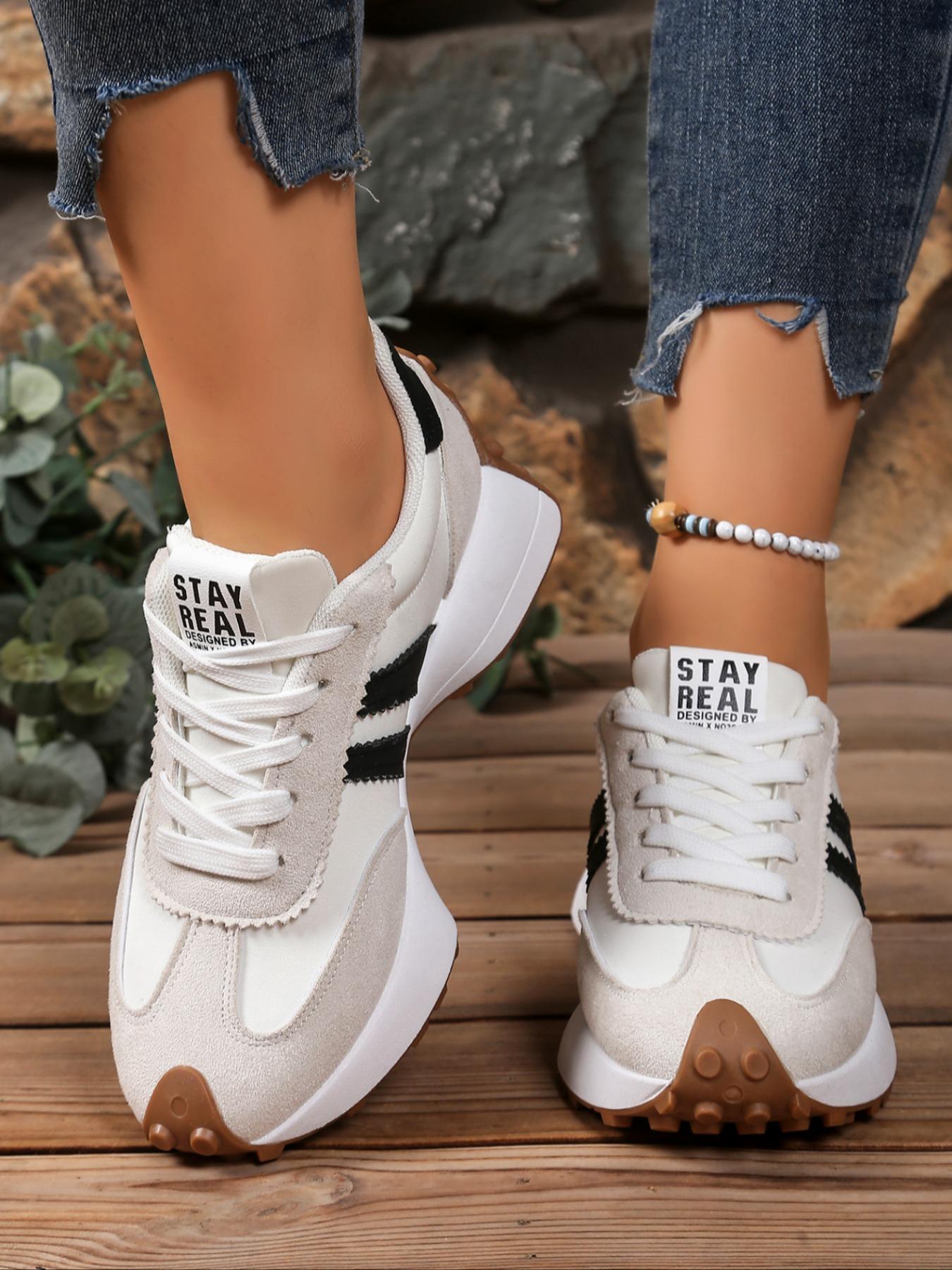 Women's Striped Sporty Shoes, Soft Sole Comfortable Waterproof Casual Sneakers, Breathable Walking Sneakers, Thick Breathable Easy Clean Anti-Slip, Spring & Fall Wear