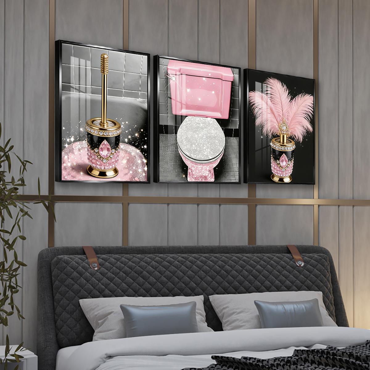 3 Counts Aluminum Alloy Framed Painting, Luxury Pink Diamond Feather Toilet Brush Set Pictures, Home Decoration For Living Room, Bedroom, Office, Restaurant, Hallway Wall Decor, Odorless Print Artwork, Luxury Perfect Gift For Friends And Family