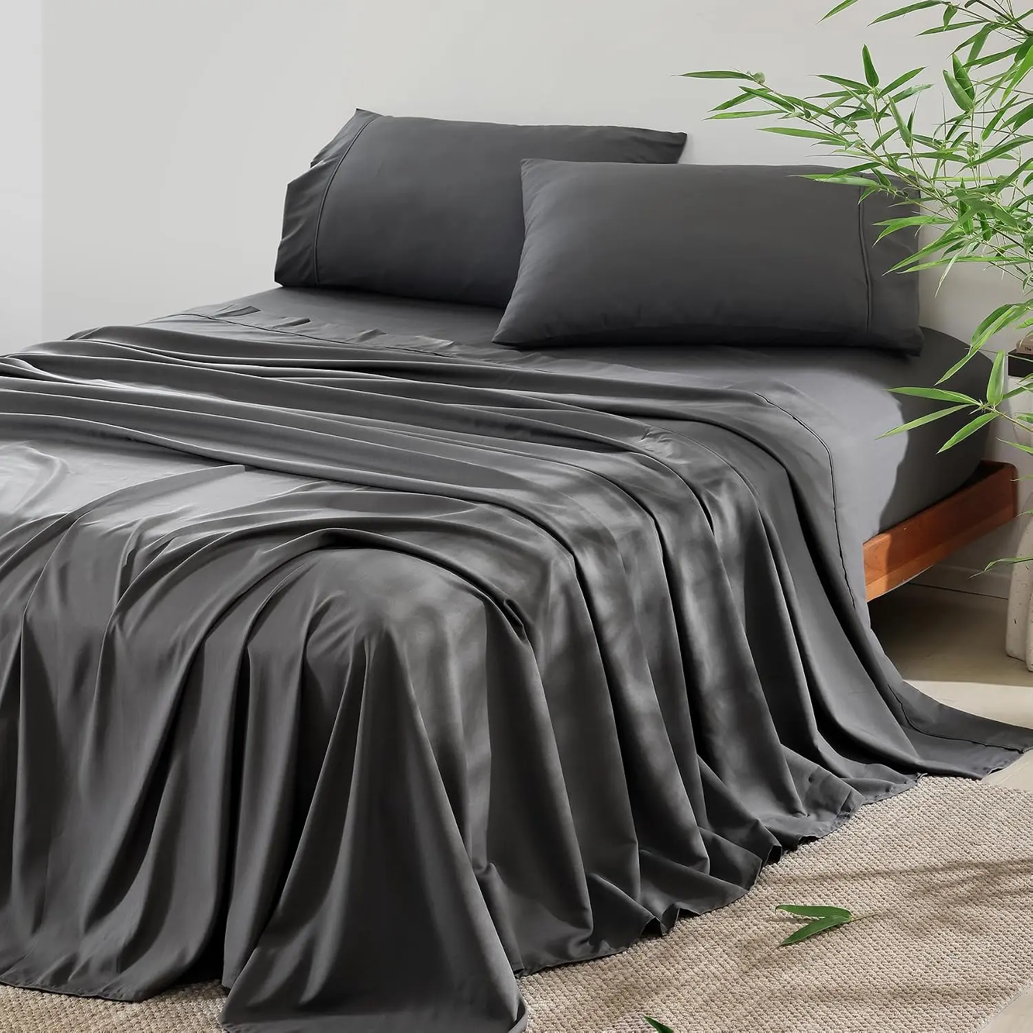 4 Piece Twin Size Sheet - Cooling Bed Sheets Set, Rayon Derived from Bamboo, Breathable Soft Hotel Luxury Bedding & Pillowcases, Fit 16 inch Deep, Oeko-Tex - Charcoal