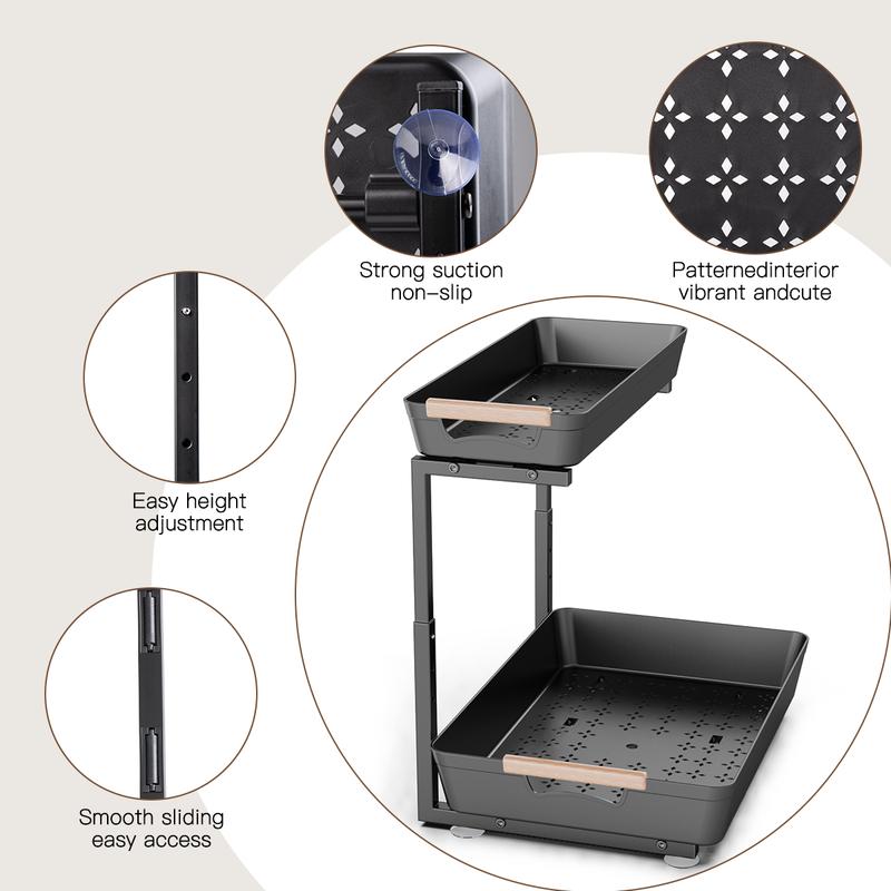 Metal Slide out Under Sink Organizers and Storage Shelves, Adjustable Pull Out Under Cabinet Organizer Shelf, Under Sink Storage for Kitchen/Bathroom