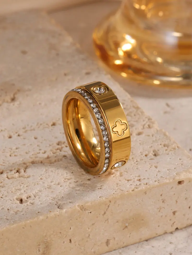 2pcs Stainless Steel 18K Gold Plated Four-Leaf Clover Rings, Couple's rings Elegant Hoop Jewelry For Women, Elegant Fashion Rings, Suitable For Daily Wear And Gift