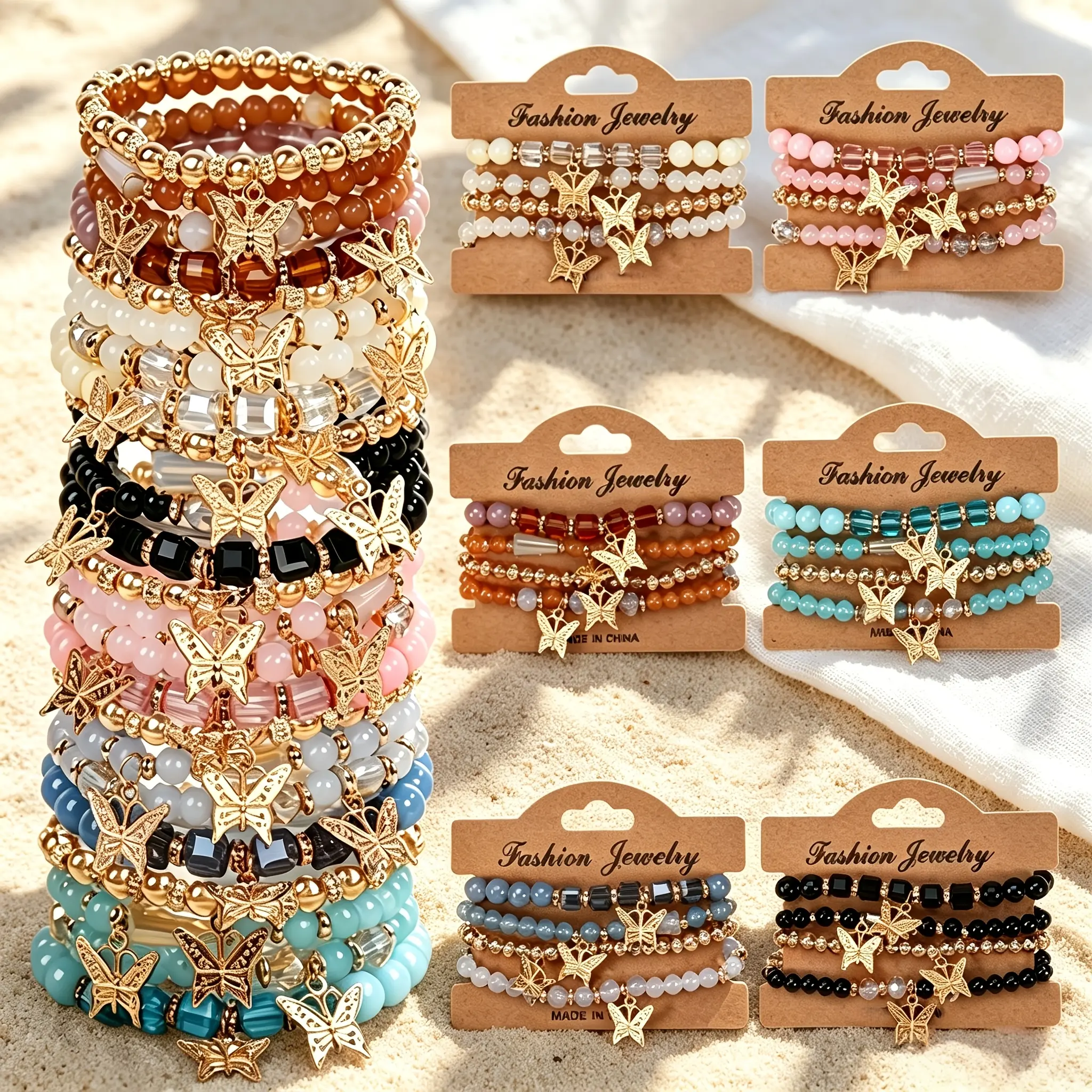 Unisex Boho Golden Butterfly Motif Round Beads Stretch Bracelets Set (22Pcs) - Handmade Costume Jewelry for Casual Outfits, Summer Vacation, Unisex Wear