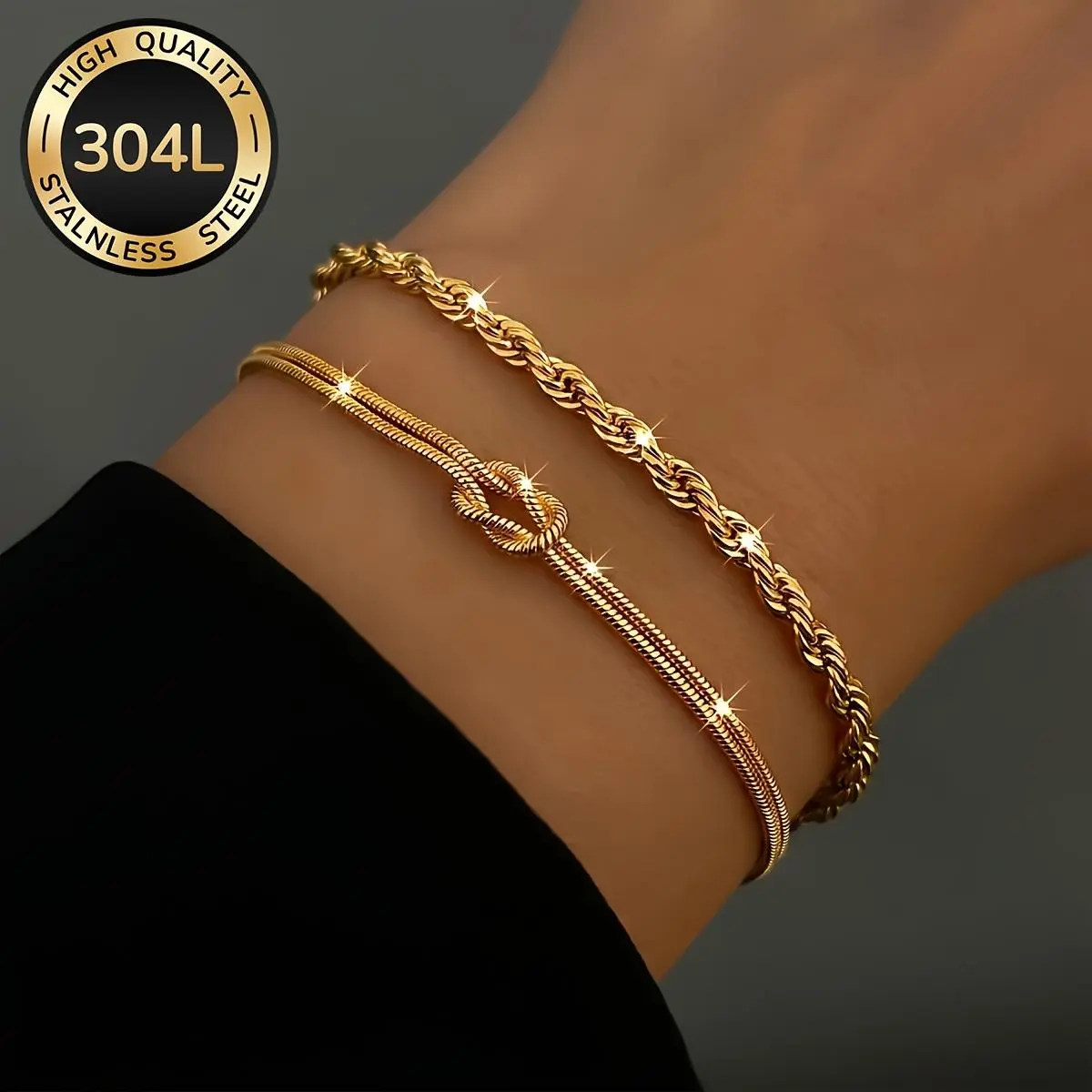 Women's 2PCS 18K Gold-Plated 304L Stainless Steel Gold Stacked Bracelets - Unisex Tarnish Proof Jewelry, Fashion Matching Bracelet, Waterproof Elegant Accessories for Daily Wear, Parties
