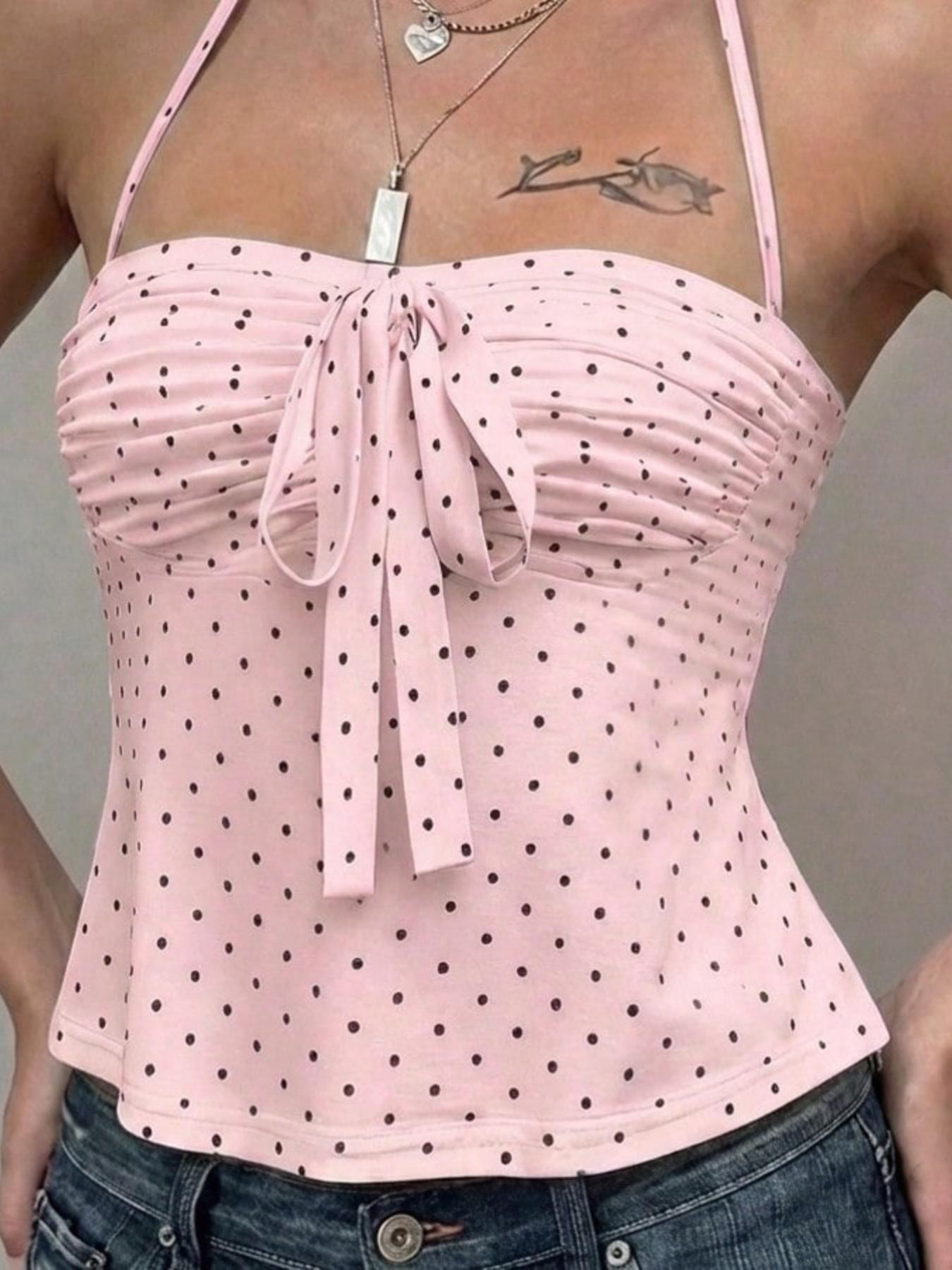 French Polka Dot Halter Top for Women, Adjustable Drawstring Bow Waist, Detachable Straps, Sexy Short Tank Top Design