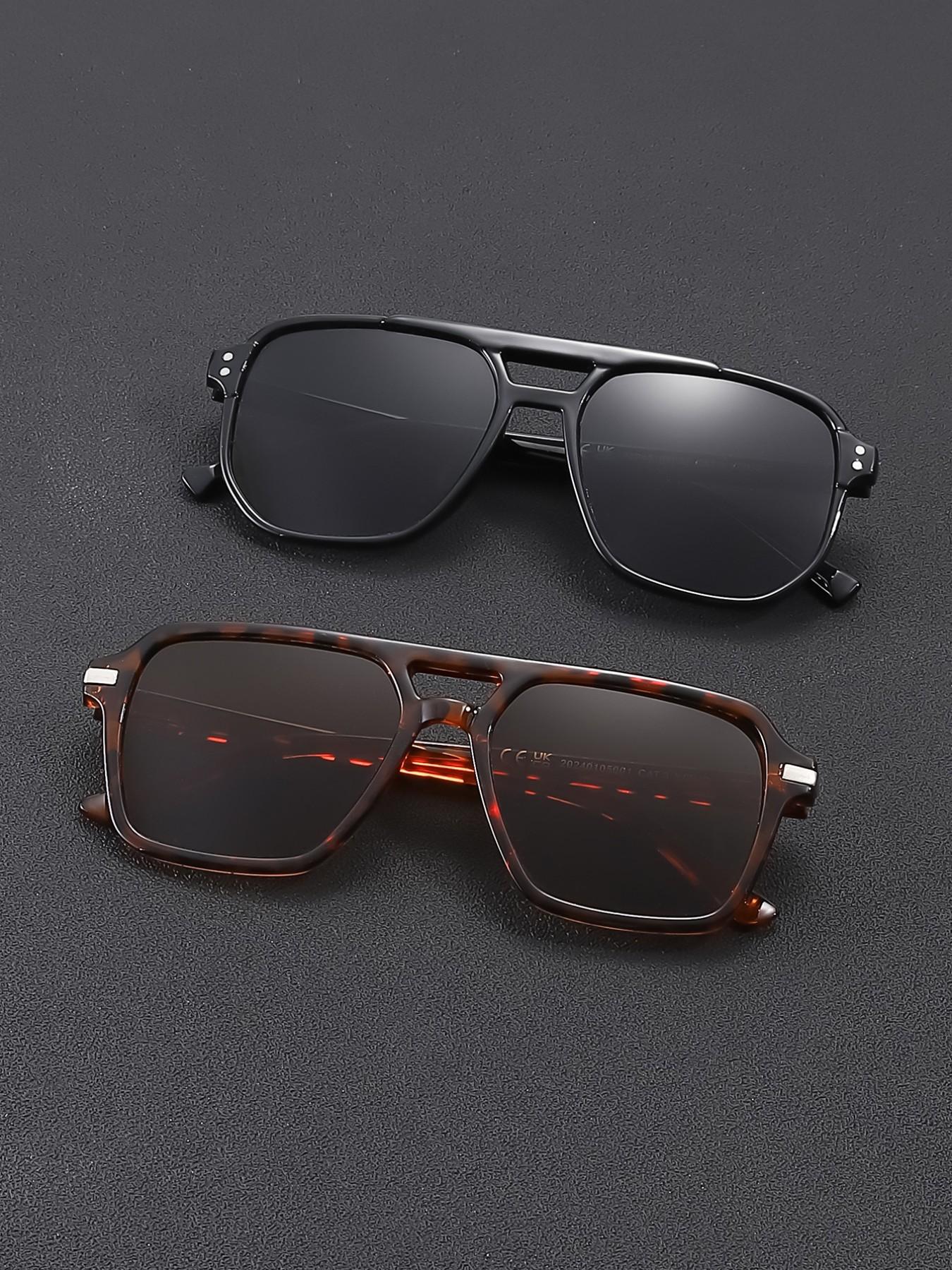 2 Pairs Retro Multicolor Double Bridge Sunglasses, Vintage American Style, Uv400 Protection, Outdoor Activities, Music Festivals, Street Fashion