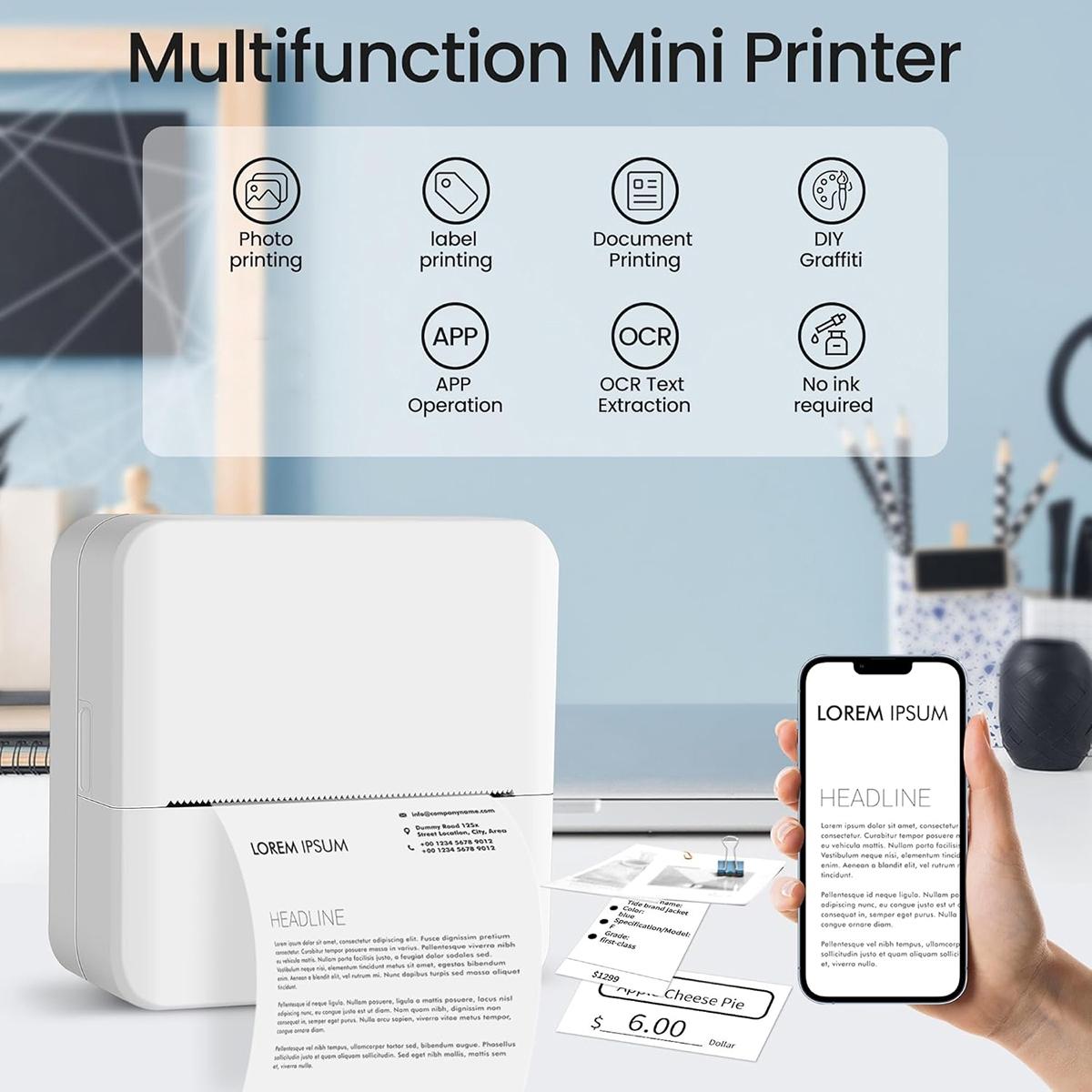 Mini Printer, Thermal Wireless Printer, Inkless Label Printer, Portable Thermal Inkless Sticker Maker,  Small Pocket Printer for Notes& Photo, Memo, Compatible with iOS&Android