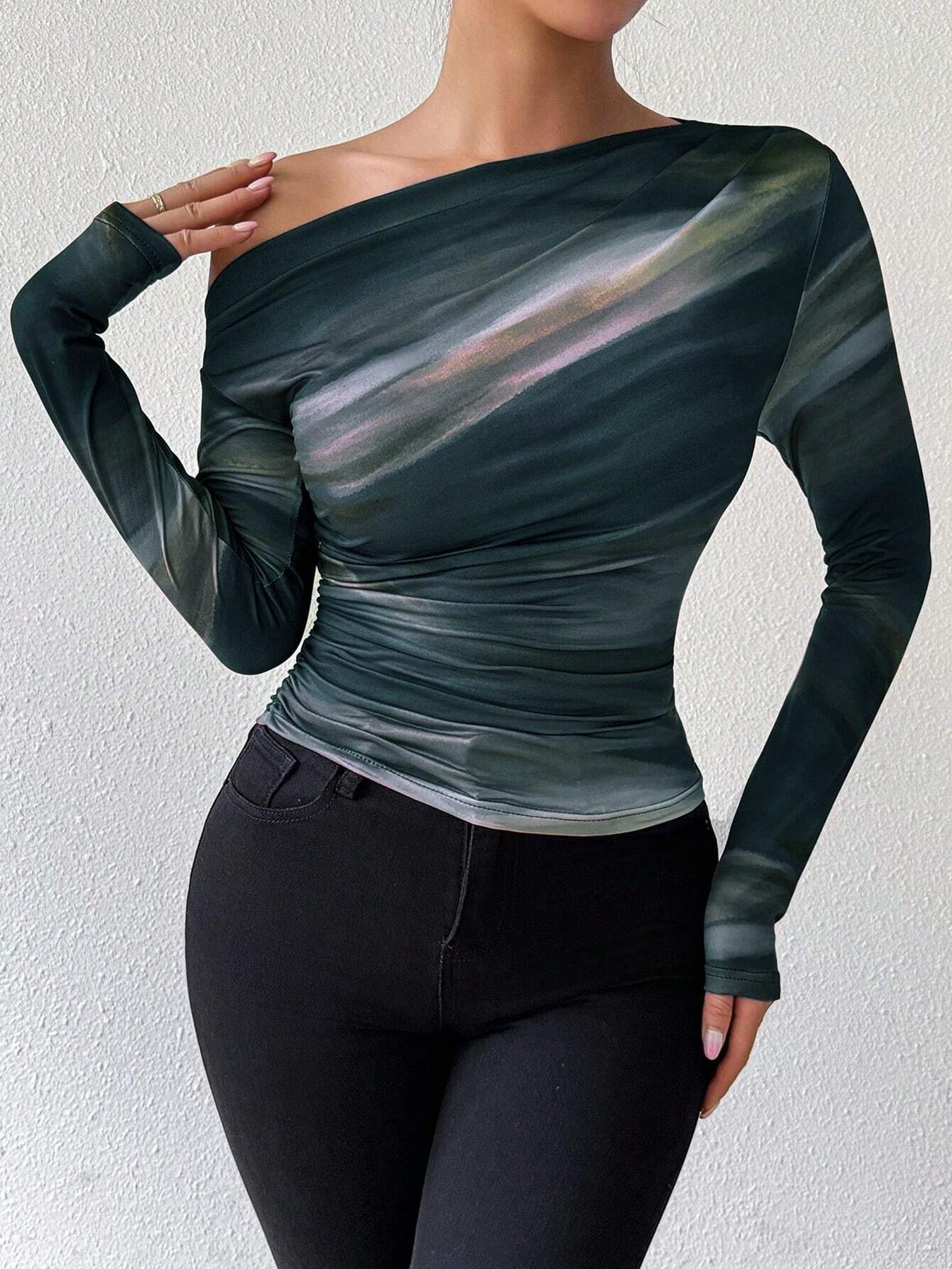 Women's Marble Print Ruched Asymmetrical Neck Tee, Casual Long Sleeve T-Shirt for Spring & Fall, Women's Clothing for Daily Wear