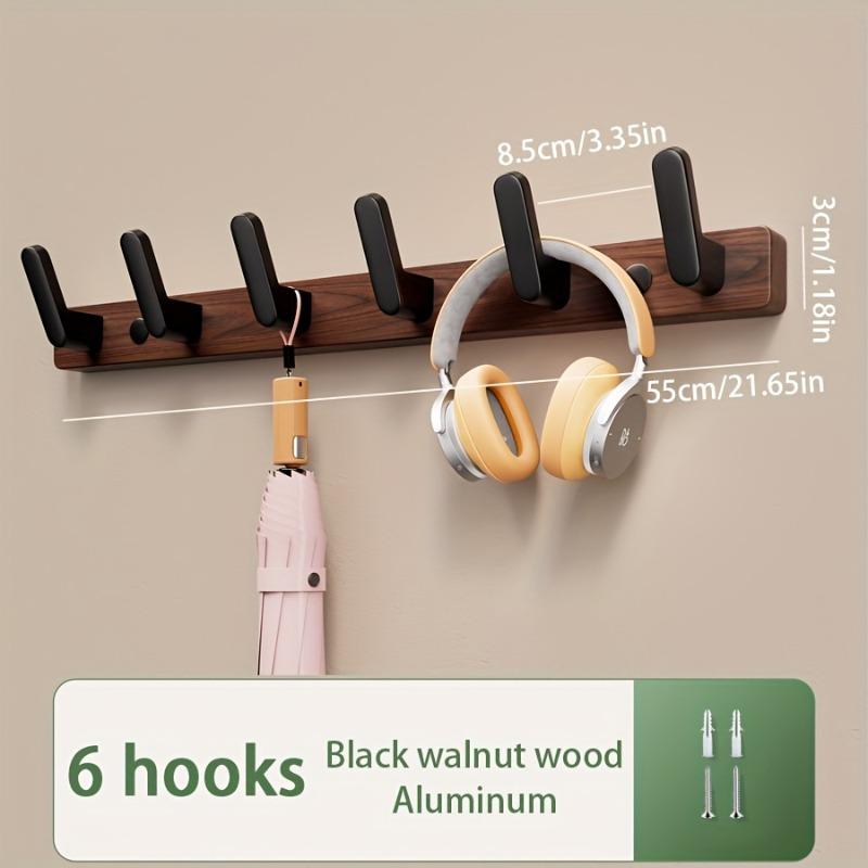 Walnut Hook Wall Hook, Wall Hanger with 4/5/6 Hooks, Hat Hook Wall Hook for Hanging Coats, Bags and Towels Black