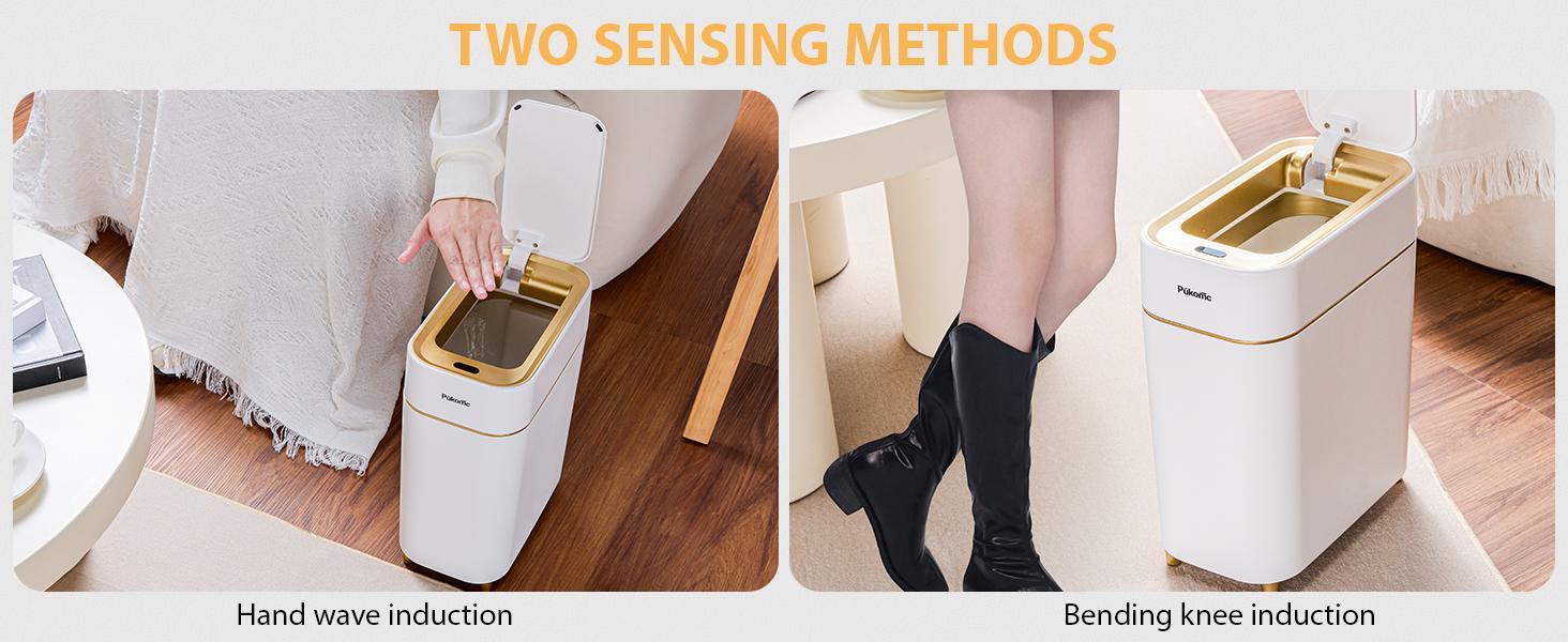 Pukomc Touchless Automatic Trash Bin – Wave or Knee-Operated, Quiet Lid, Detachable Liner, Battery-Powered for Home/Office.