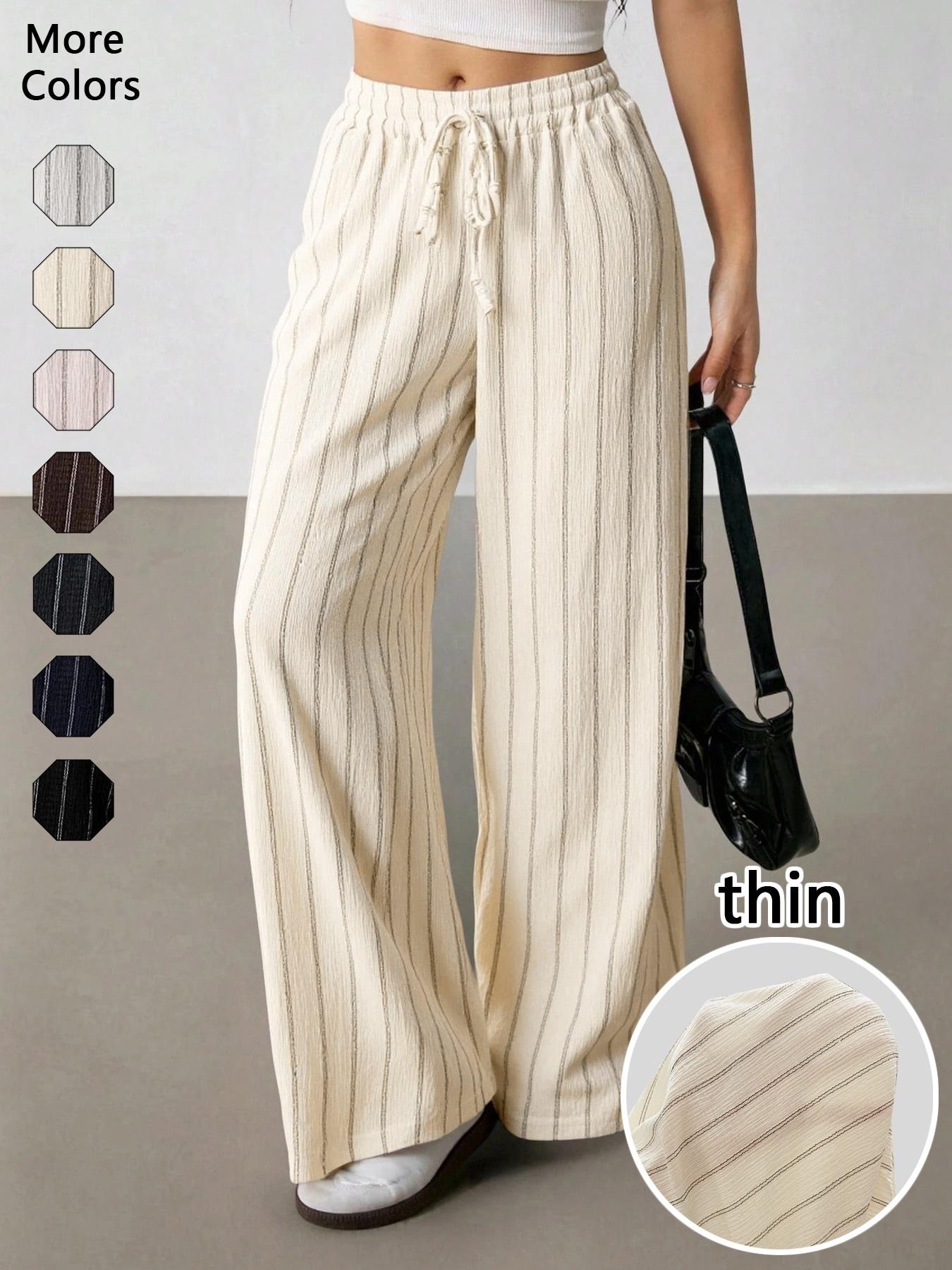 Women's Striped Waist-Tie Straight-Leg Loose Streetwear Pants, Casual Style, Moderate Fabric Thickness, All-Season Wear