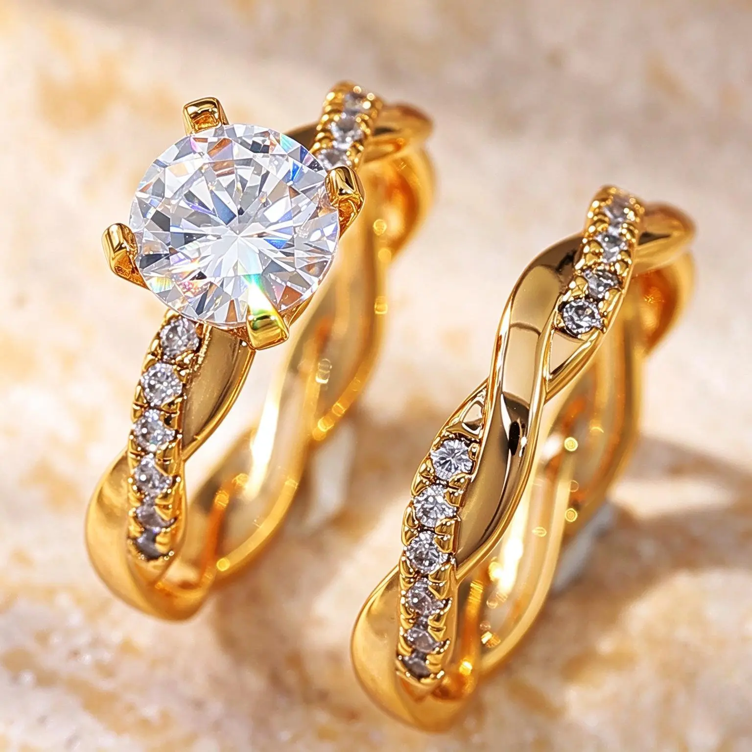 Romantic Couple Dual Rings Wedding Ring Set - Elegant 4-Prong Solitaire Twisted Band Fashion Jewelry, Metal Coating Costume Gift for Couples (Sizes 6-10)