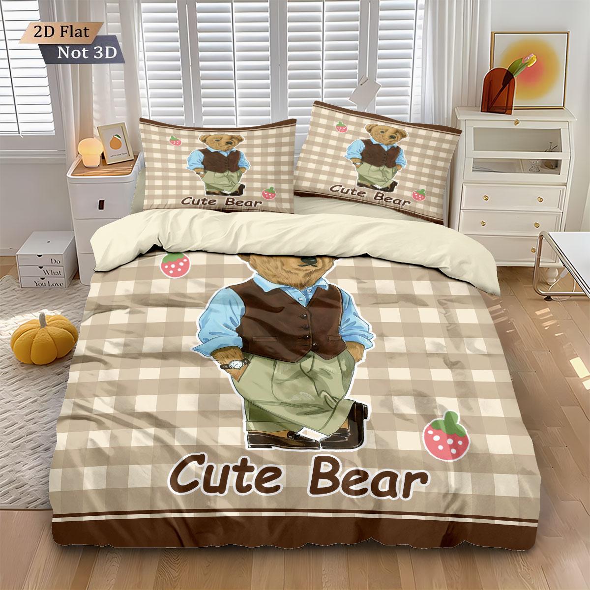 3pcs COOL BEAR Print Soft Bedding Set with Includes 1* Duvet Cover and 2*Pillowcases, No filling，Perfect for Patriotic Bedding Gift, Home Decor, Bedroom Accessories