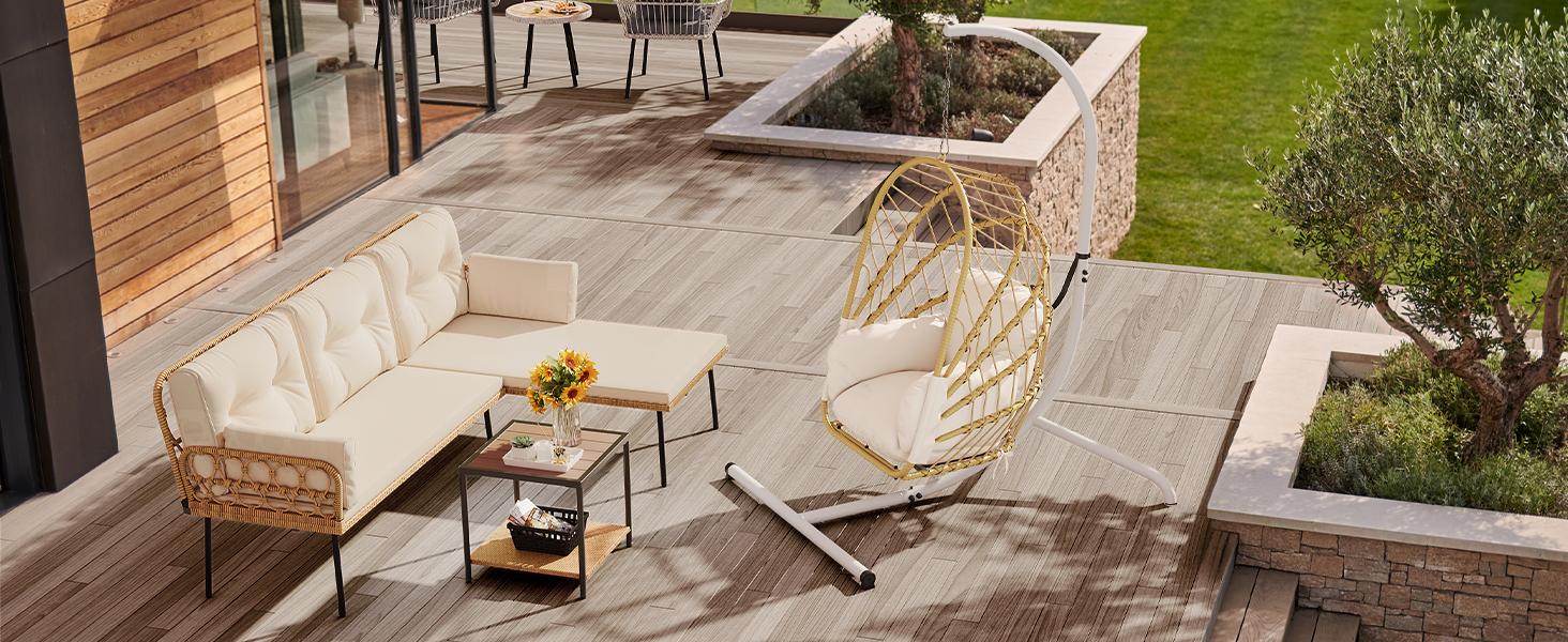 Yitahome Wicker Swing Egg Chair with Cushions 350lbs, Foldable Hanging Basket Chair W/Stand Rattan Hammock Chair for Outdoor, Indoor, Patio, Bedroom - Grey/Beige