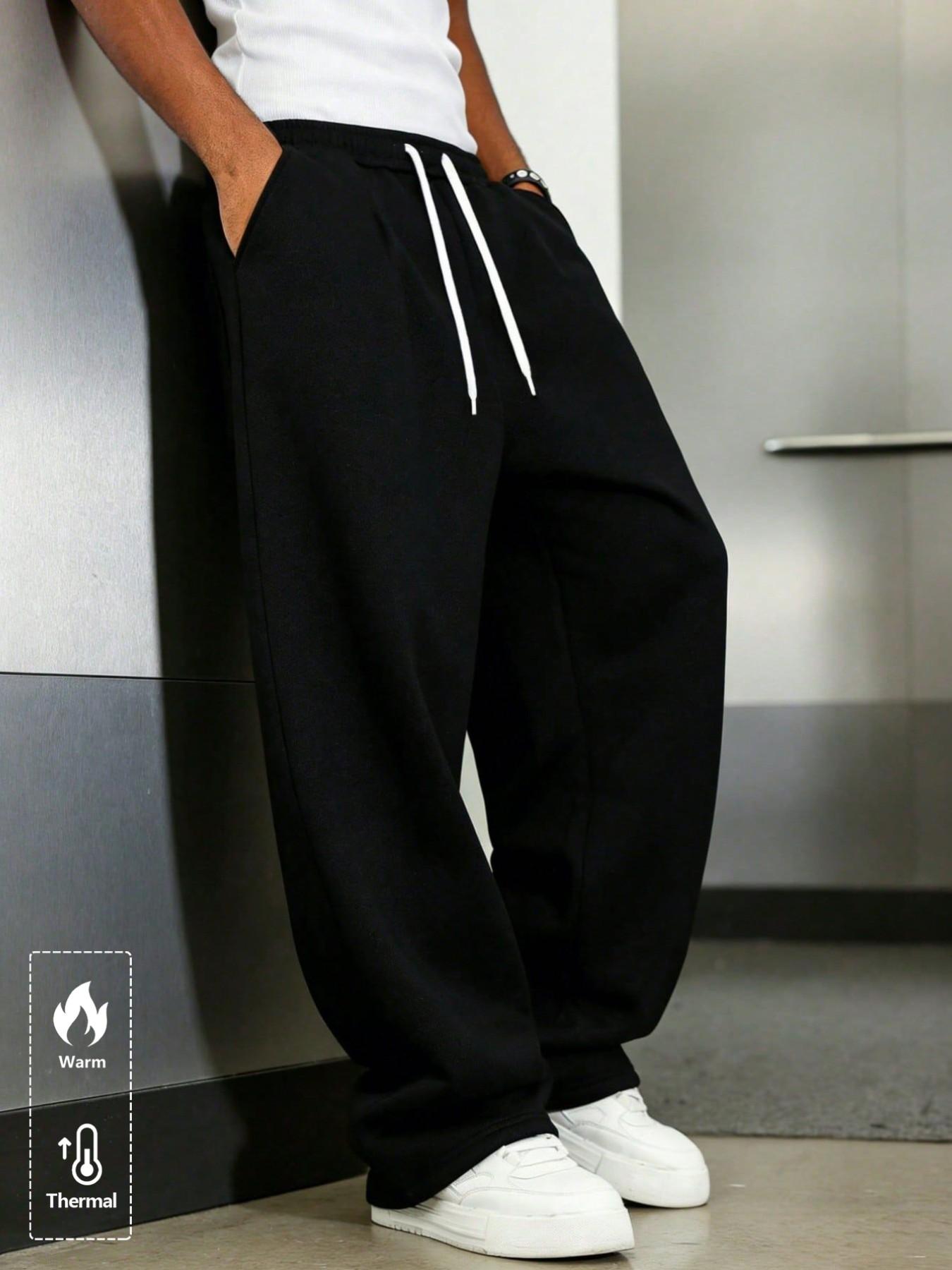 Men's Warm Fleece Wide Leg Sweatpants, Elastic Waist, Loose Fit, Casual Street Style, Athleisure Menswear, Fall & Winter, Ankle Length, with Pockets