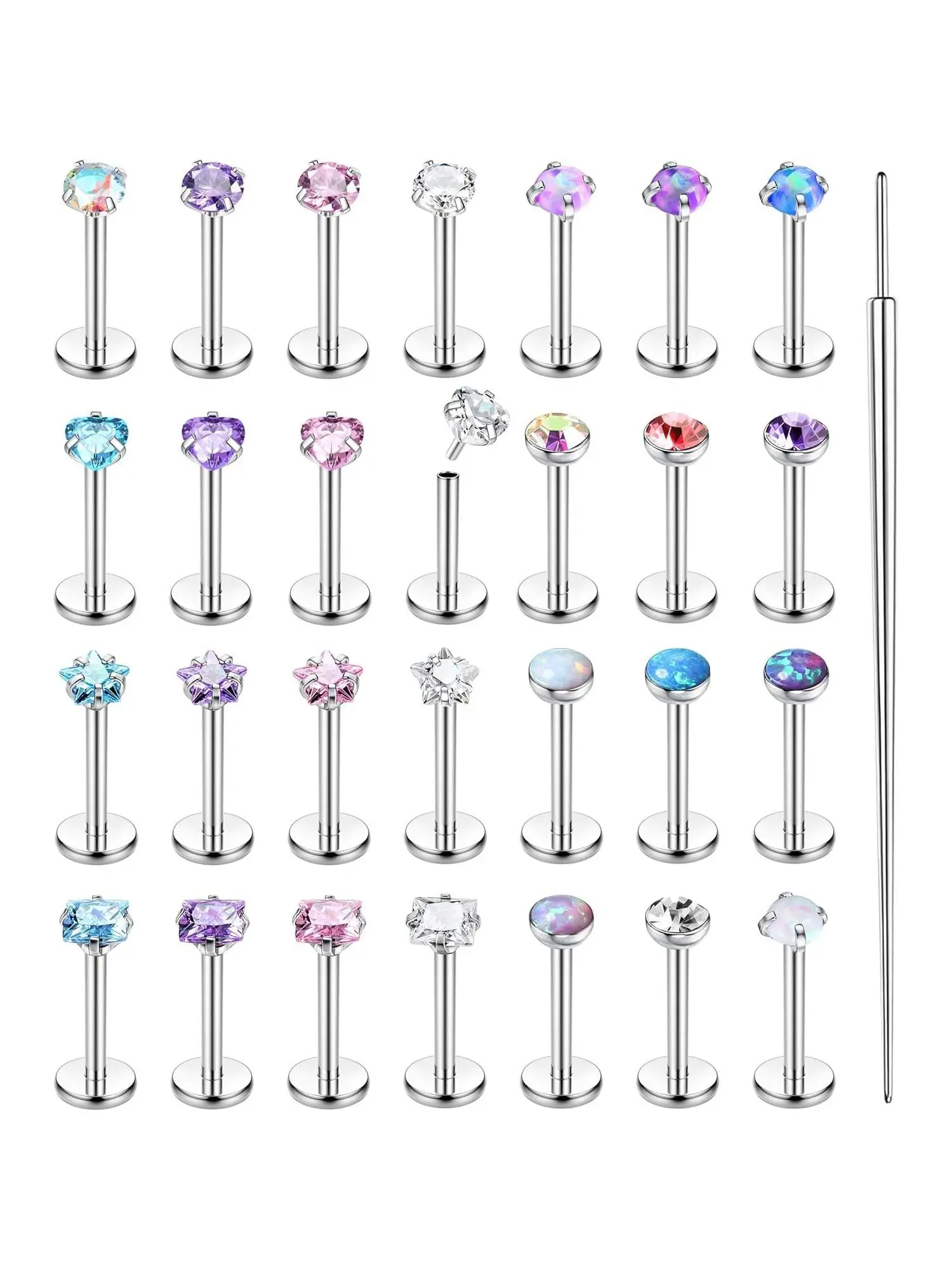28Pcs Stainless Steel Threadless Nose Studs Set Nose Piercings for Women Girls CZ  Lip Nostril Labret Medusa Trend Piercing Jewelry Push in Tragus Conch Helix Flat Back Earrings 16G 18G 20G 6/8mm