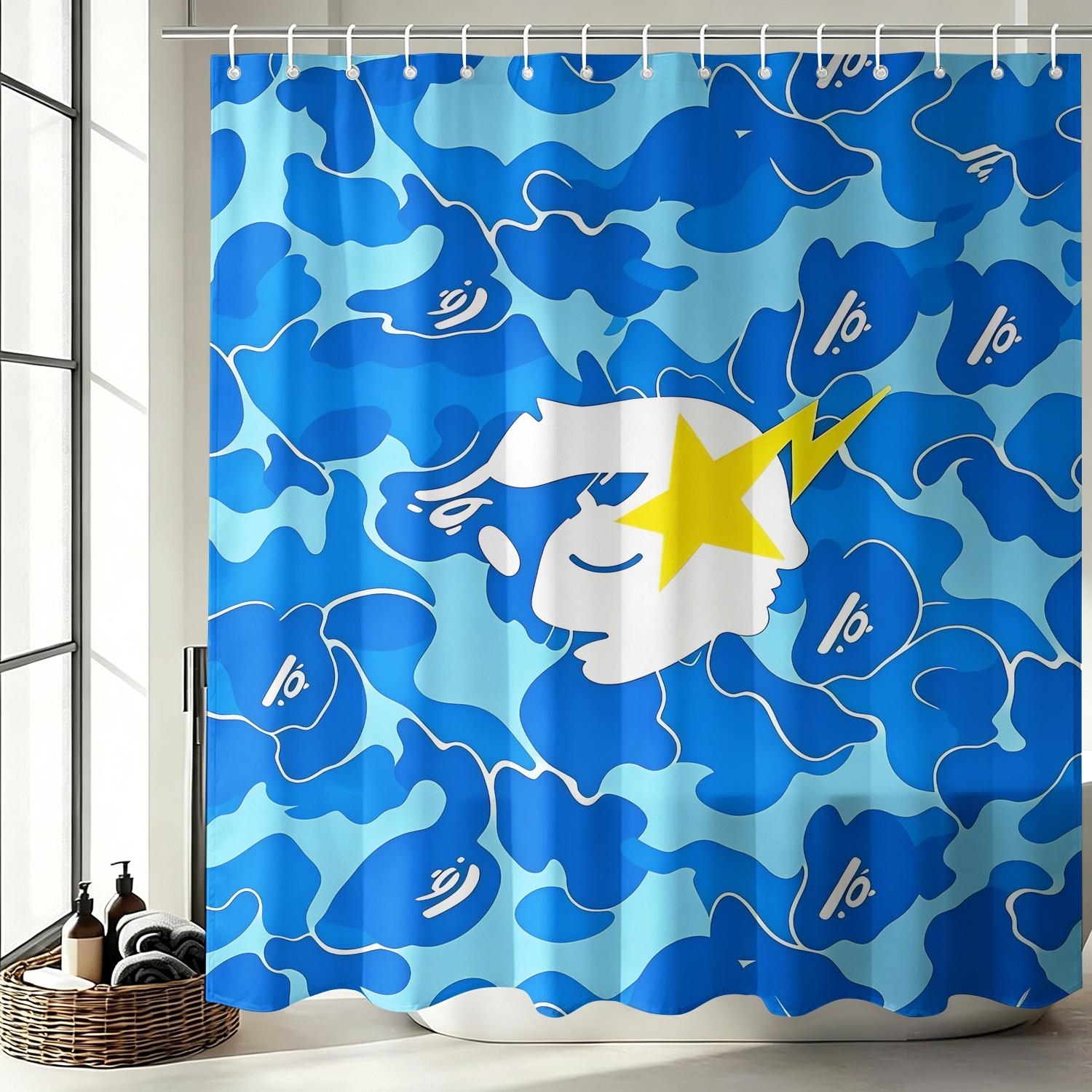 Black and White Camouflage Yellow Star Lightning Ape Head Print Aesthetic Shower Curtain, Waterproof Oxford 12 Hooks Easy Install, Privacy Bath Curtain, Streetwear Enthusiast Home/Dorm/Gaming Room Bathroom Decor