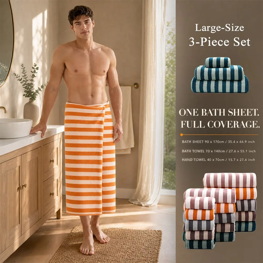 3-Piece Oversized Striped Bath Towel Set, Large Bath Sheet — Soft Quick Dry Jumbo Bath Towels for Bathroom, Beach and Pool, Lightweight Stripe Towel, Includes 3 Sizes