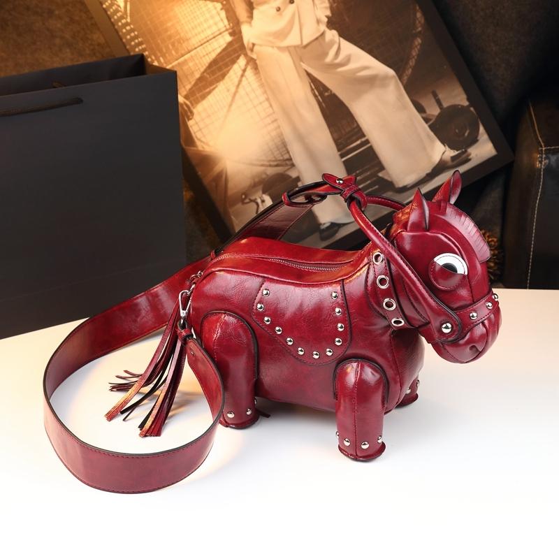 Unique Design Small Horse Bag for Women, Personalized Studs Fringe Animal Purse, Vintage Punk Style Handbag Shoulder Bag