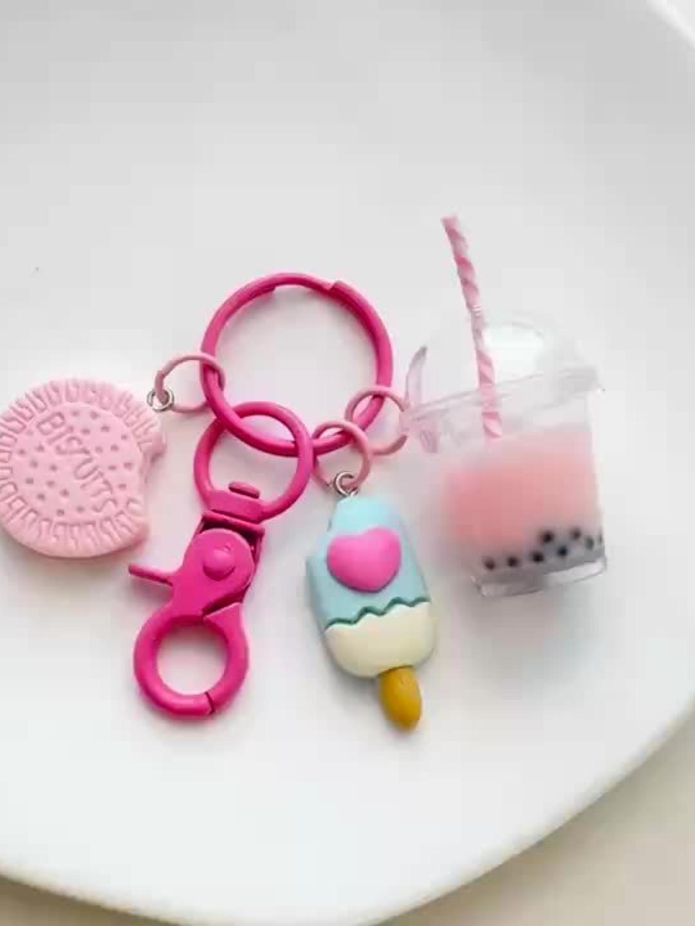 Cartoon Cookie Ice Cream Boba Tea Keychain, Cute Wallet Bag Backpack Charm, Car Key Earphone Box Accessory, Women's Daily Gift
