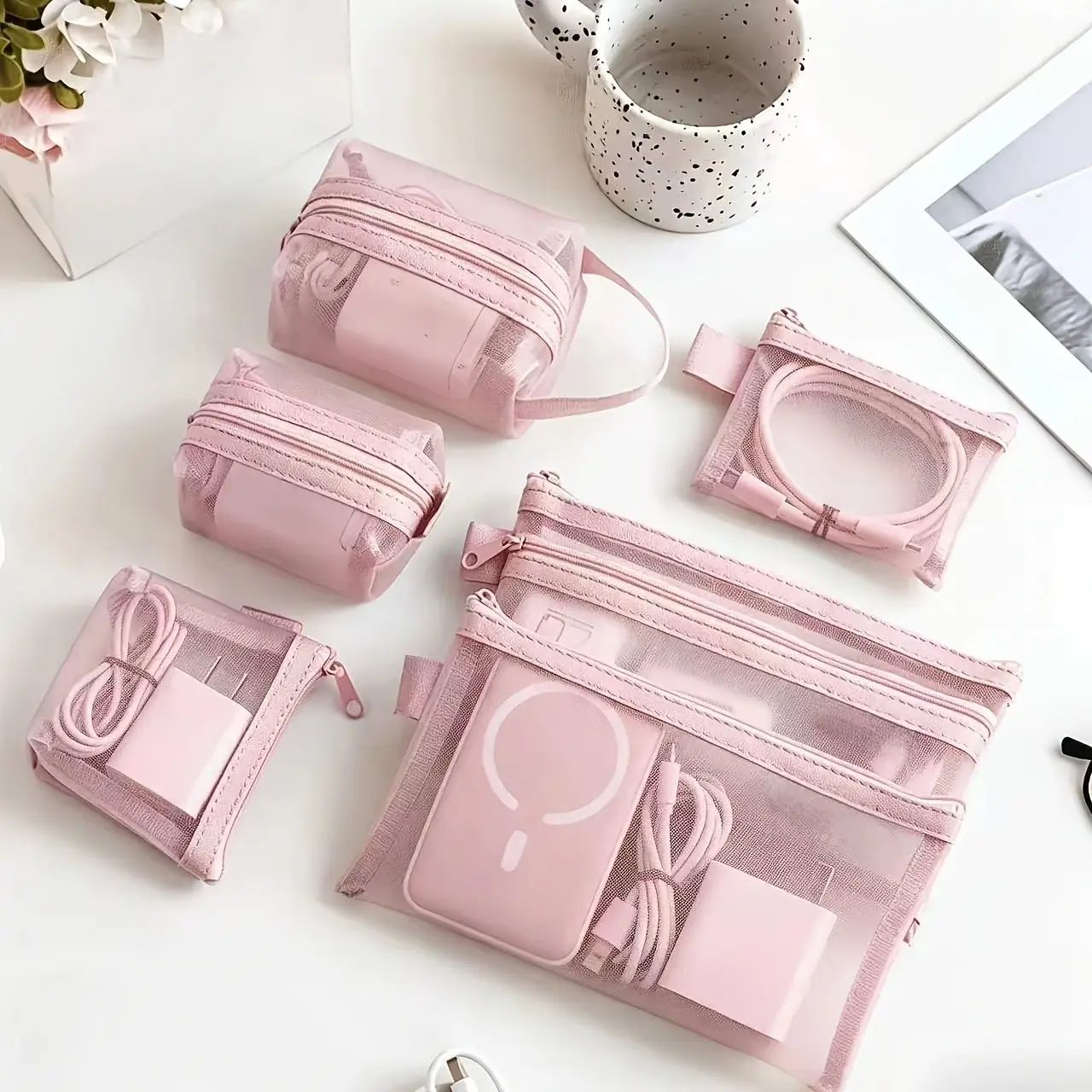 6pcs Transparent Mesh Storage Pouch Set, minimalist transparent design with portable zipper closure, compact and lightweight for storing coins, cards, keys and other small essentials, ideal for travel, everyday carrying, wallet organization and small item