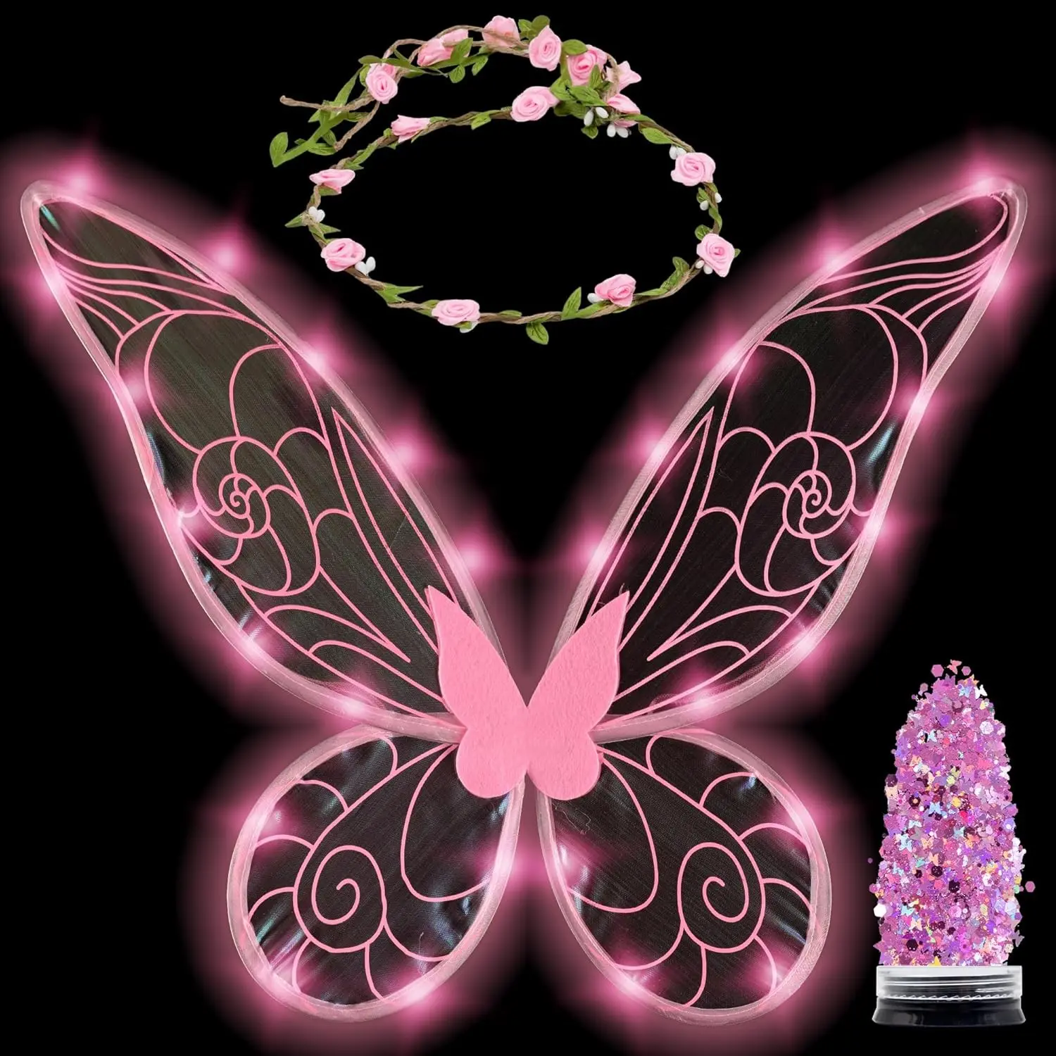Women’s Chunky Easy-Wear Cosplay Costume - Lightweight Light-Up Fairy Theme Glitter Butterfly Shape Wings, Flower Crown for Halloween Party Accessories