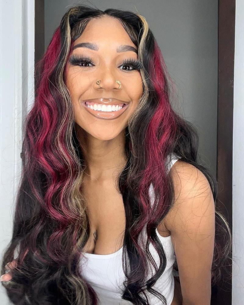 Highlight Blonde with Red Human Hair Wigs Transparent 13x4 Lace Frontal 180 Density Black Red Stripe Wig Pre Plucked Brazilian Body Wave Lace Front Wig