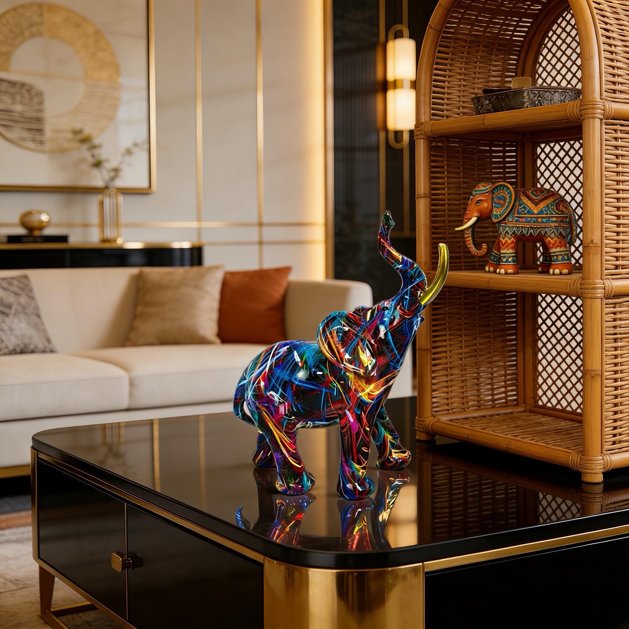 Colorful Resin Elephant Statue, Artistic Elephant Sculpture, Feng Shui Decor, Kitchen Office Shelf Home Decoration