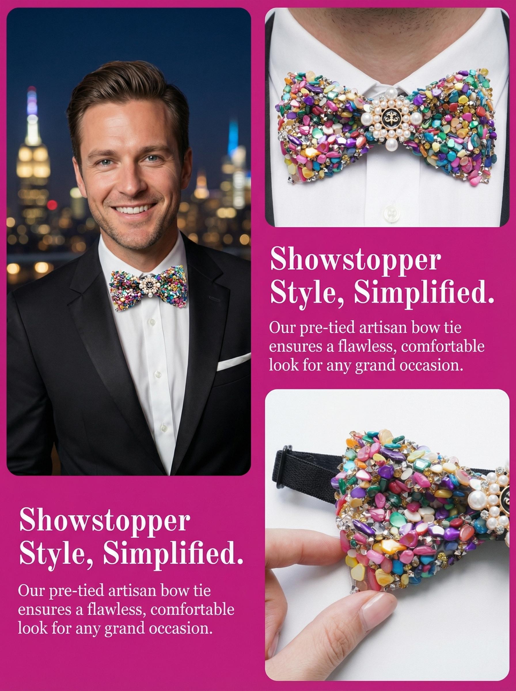 1pcs Color Stone Full Inlay Bow Tie, Luxury Pearl Decorative Neckwear, Party Performance Suit Collar Flower