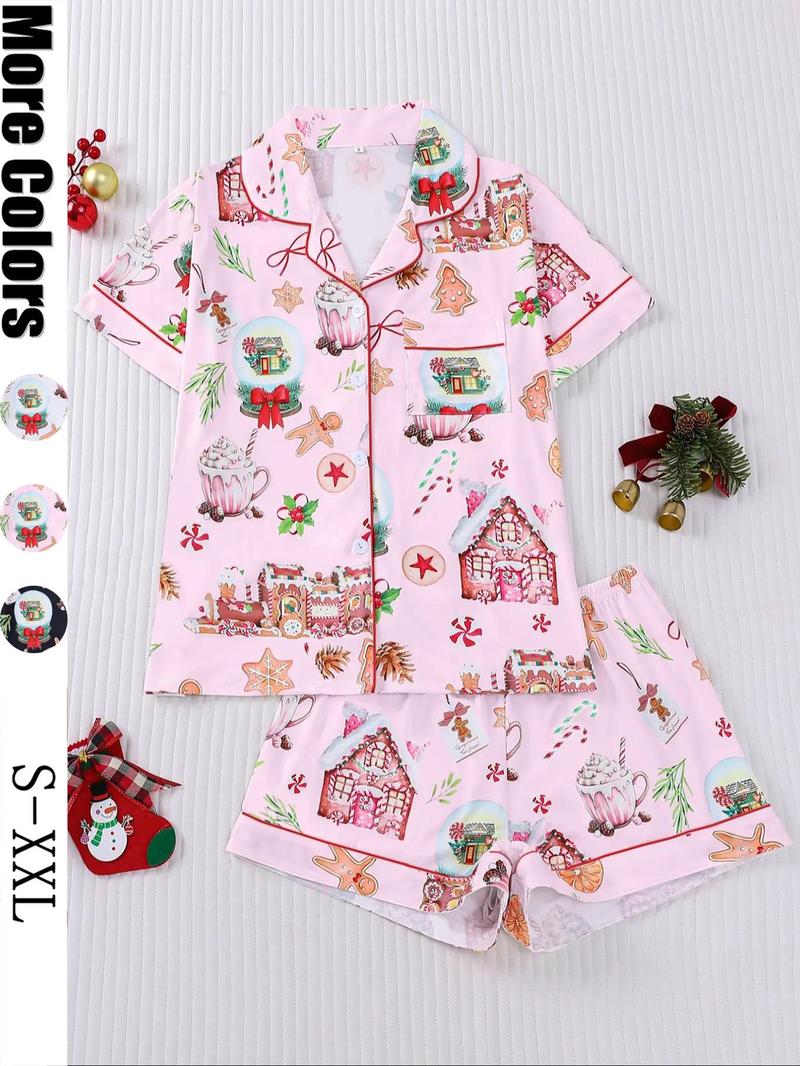 【Christmas Pyjamas】Women's Set, Watercolor Gingerbread Print, Short Sleeve Button Front Top & Elastic Shorts, Casual Home Wear, Loungewear