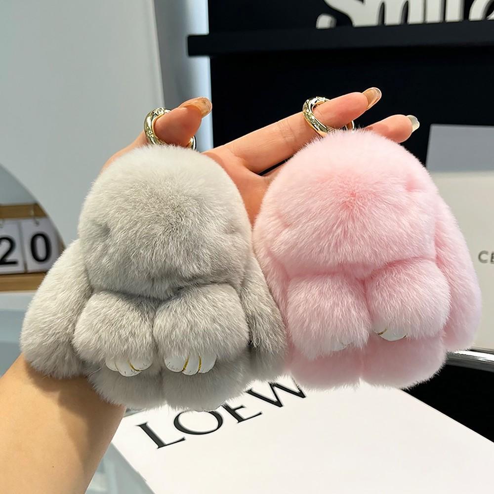 Cute Bunny Lulu Keychain Gray Pink Plush Fur Rabbit Bag Charm Kawaii Keyring Gift for Her Aesthetic Purse Decoration