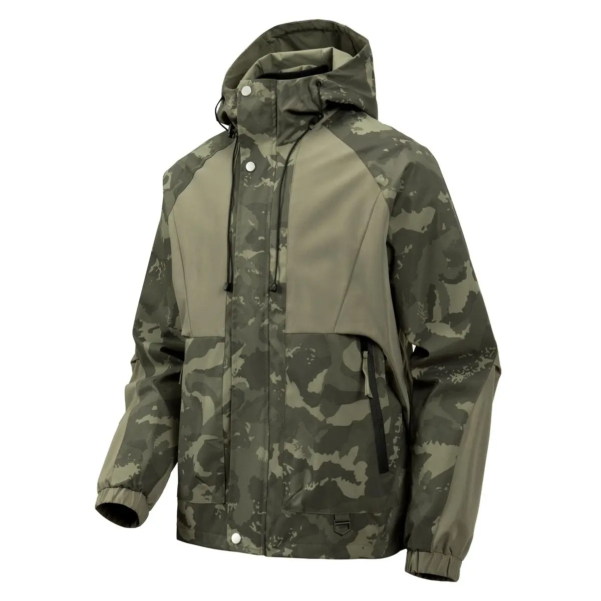 Men Color Block Camo Hooded Jacket, Waterproof Zip Up Camouflage Windbreaker with Snap Buttons & Drawstring Hood, Elastic Cuffs Outdoor Tactical Hiking Outerwear