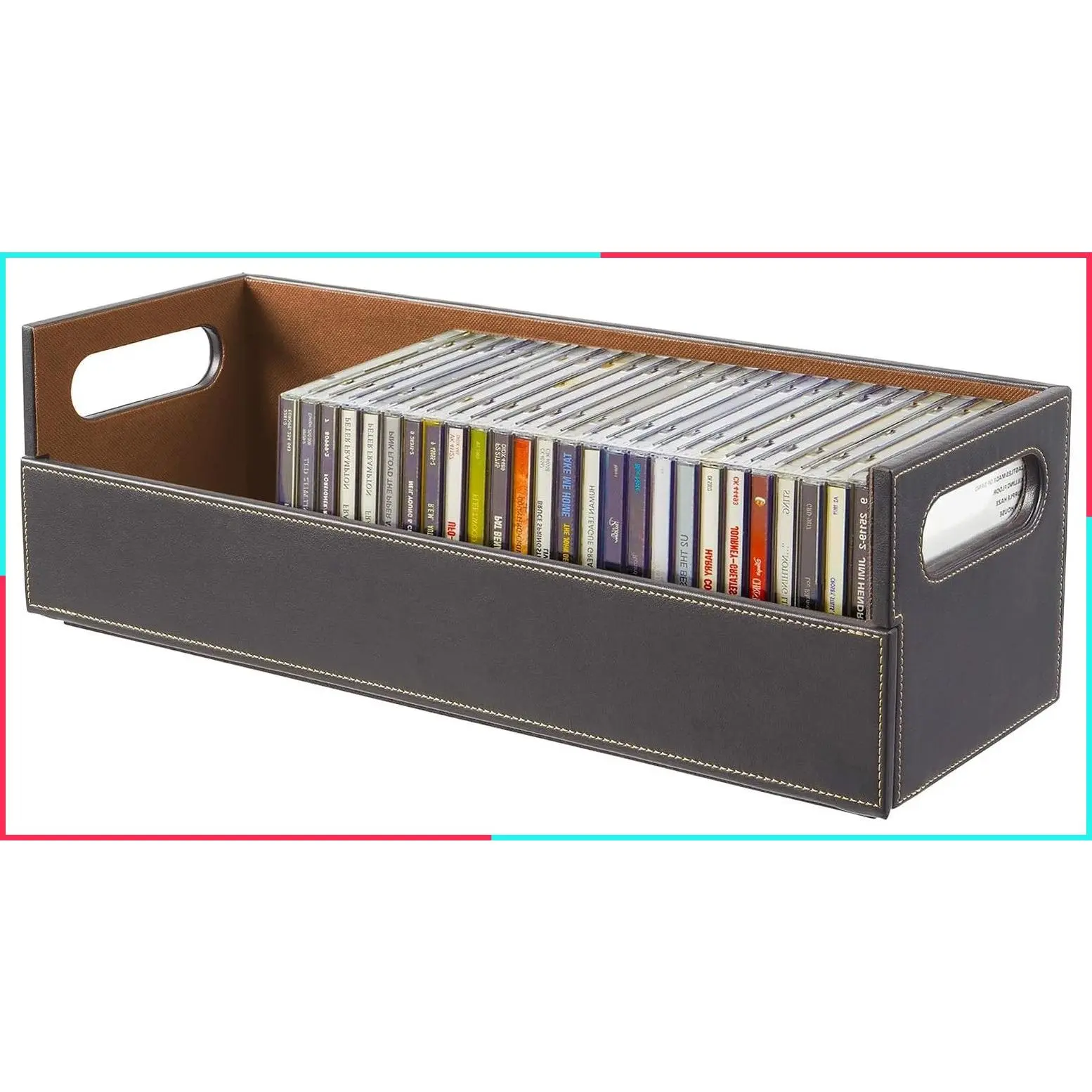 CD Storage Box, Media Organizer Shelf for DVDs, Movie Cases, Cassette Tapes, Holds Up to 40 Discs, Faux Leather (Brown)