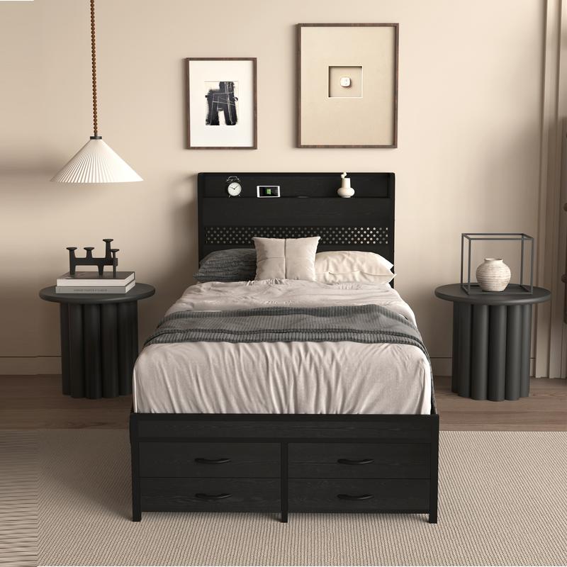 Twin Bed Frames with Headboard, Twin Size Bed Frames with Storage Drawers & Charging Headboard , 4 Drawers,Smart LED Bed Frame, Single Bed Frame, No Box Spring Needed,Noise-Free,Dorm essentials,bedroom accessories