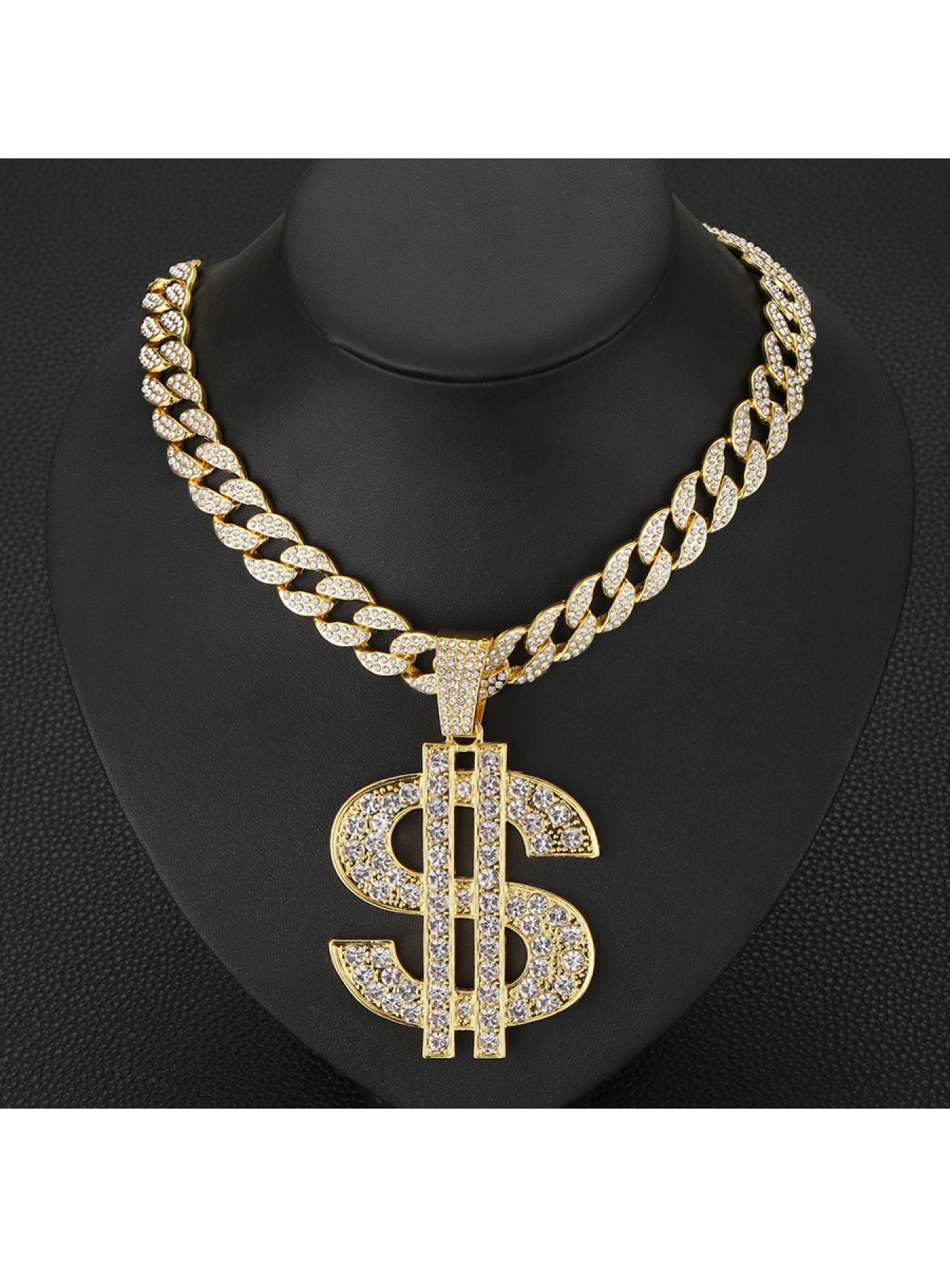 Dollar sign necklace, exaggerated full diamond dollar pendant, unisex personalized trendy hip-hop long necklace