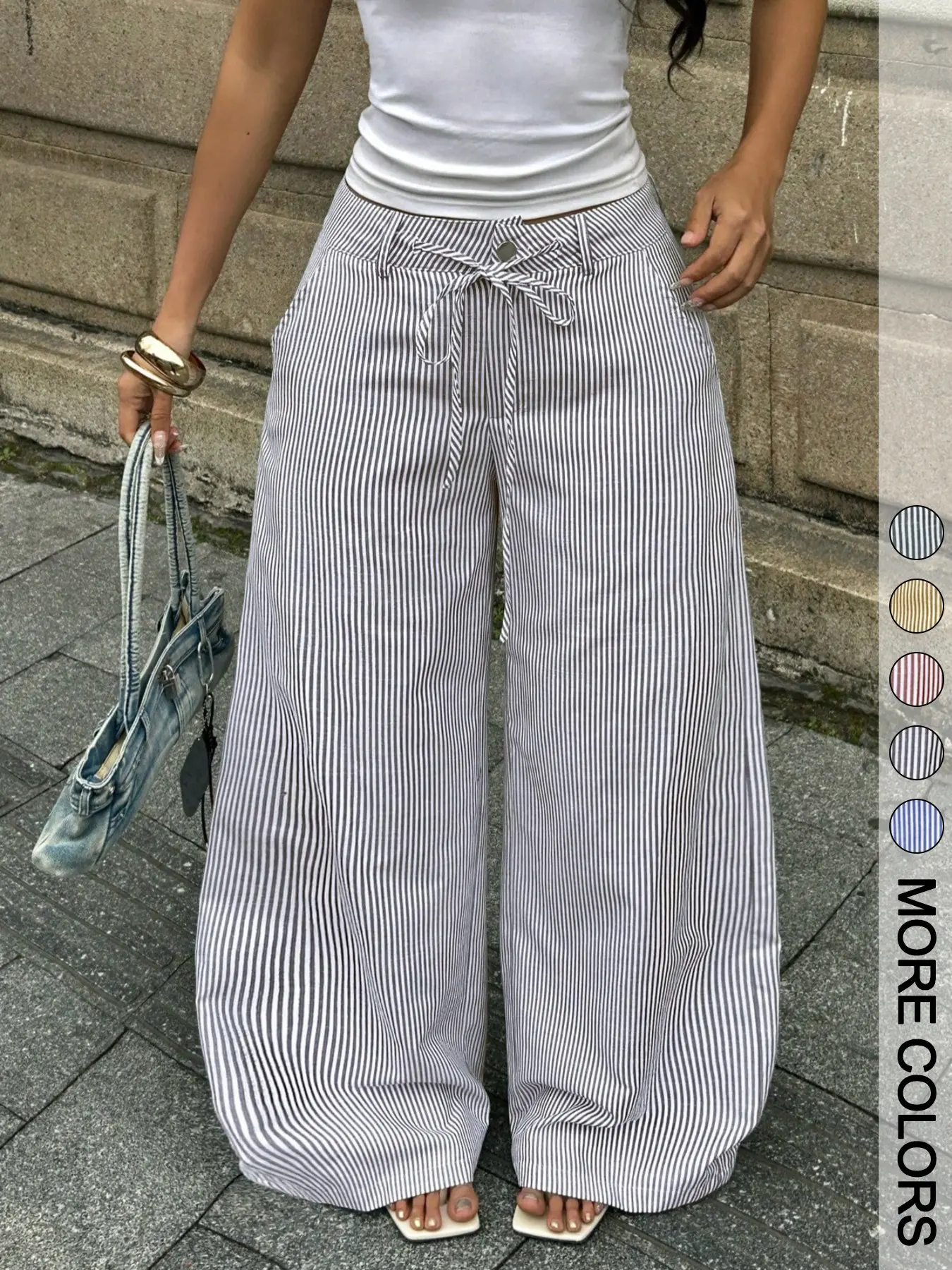 1 Piece Casual Thin Vertical Striped High Waist Drawstring Tie Design Flowy Loose Extra Long Floor-Length Height Enhancing Wide Leg Sweat Pants