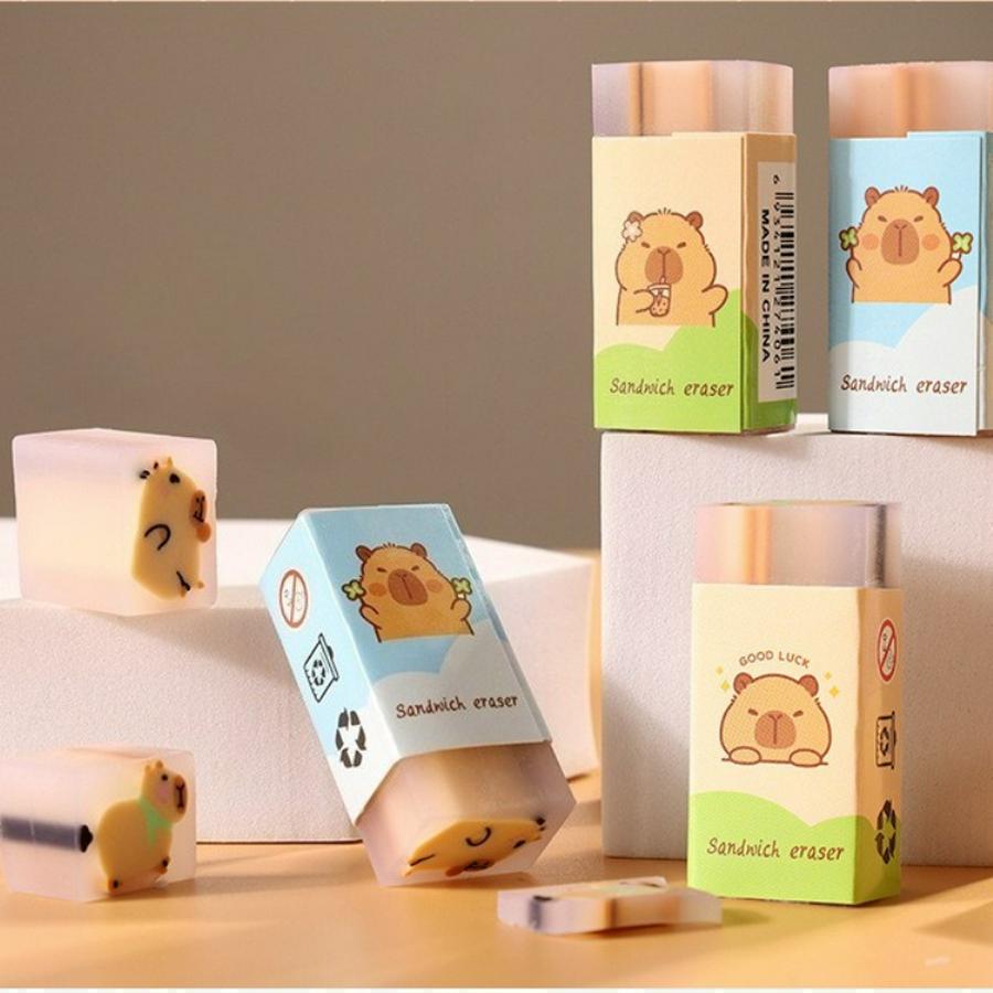 Random 12/36 pcs Cute Capybara Erasers - No-Crumb, Perfect for Office & School Supplies, Assorted Colors (Blue, Green, Yellow), School Supplies Essentials | Playful Design | Durable Erasers
