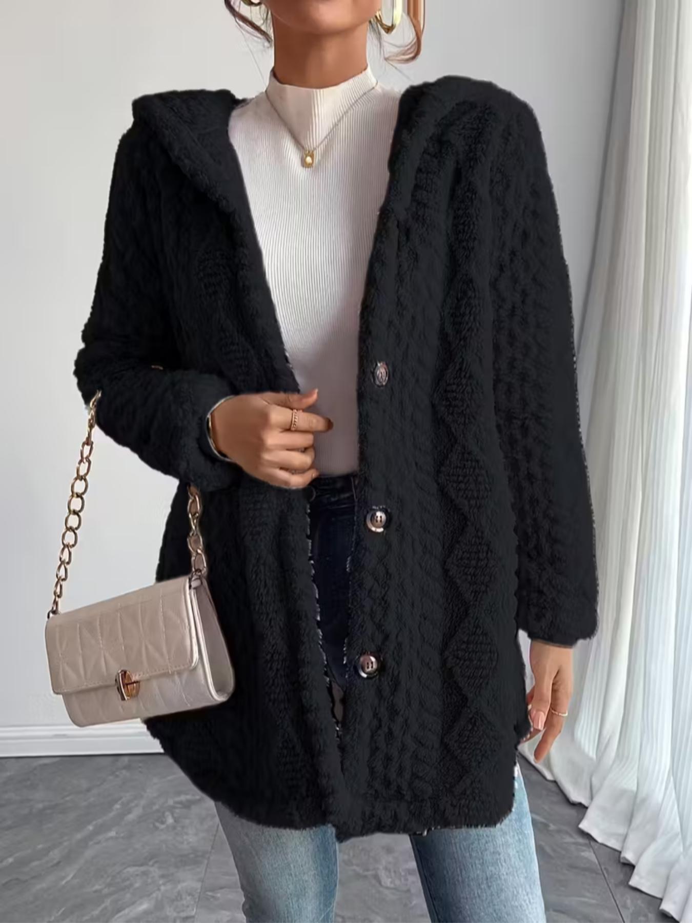 Women's Fall Winter Warm Hooded Plush Jacket, Soft Textured Button Front Coat, Casual Loose Fit Outerwear for Daily Wear