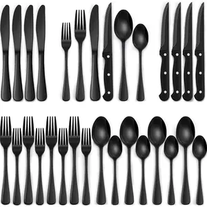 24-Piece Black Silverware Set with Steak Knives, Service for 4, Food-Grade Stainless Steel Flatware, Mirror Polished Round Edge Cutlery for Home & Restaurant