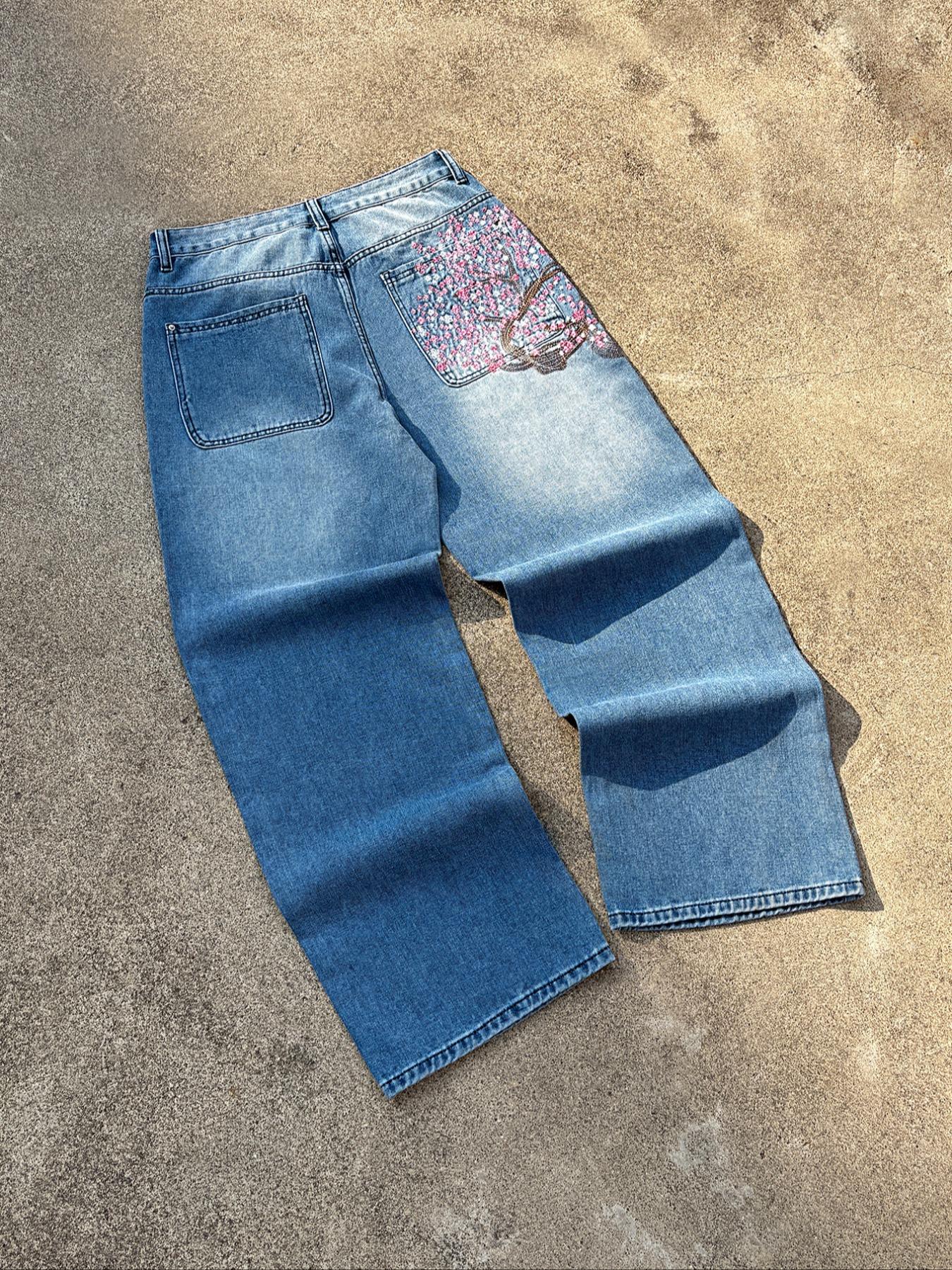 Hiphop Sakura Embroidery Jeans, Vintage Loose Wide Leg Denim Jeans