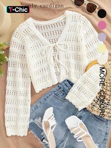 Women's Plain Hollow Out Tie Front    Sweater Cardigans, Casual Long Sleeve   Knit Top for Summer, Fashion Women's Knitwear for Daily Wear