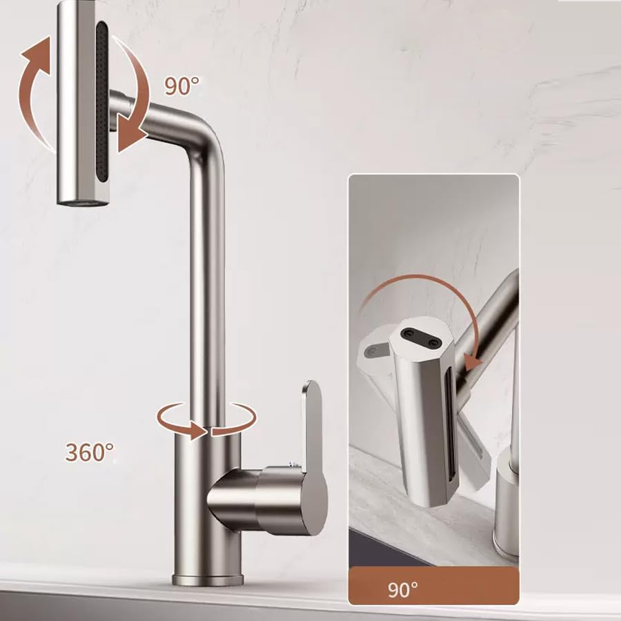 Stainless Steel Kitchen Faucet with Waterfall Function, Multi-Functional Cold Hot Water Tap, Rotating Spray Head, Includes 2 X 60cm Hoses