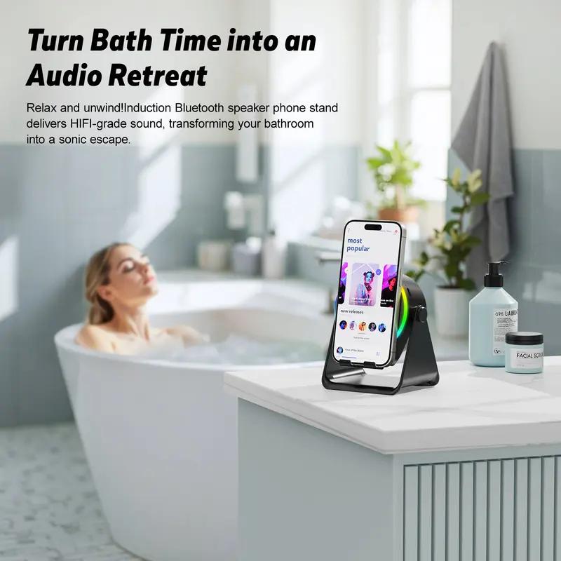 4 IN 1 Wireless Induction Audio Bluetooth Speaker, 360° Rotation Stand with LED, Universal Speaker Stands for Surround Sound&Charger,Portable Desktop Stand Gift  for Home, Shower, Outdoors, Travel