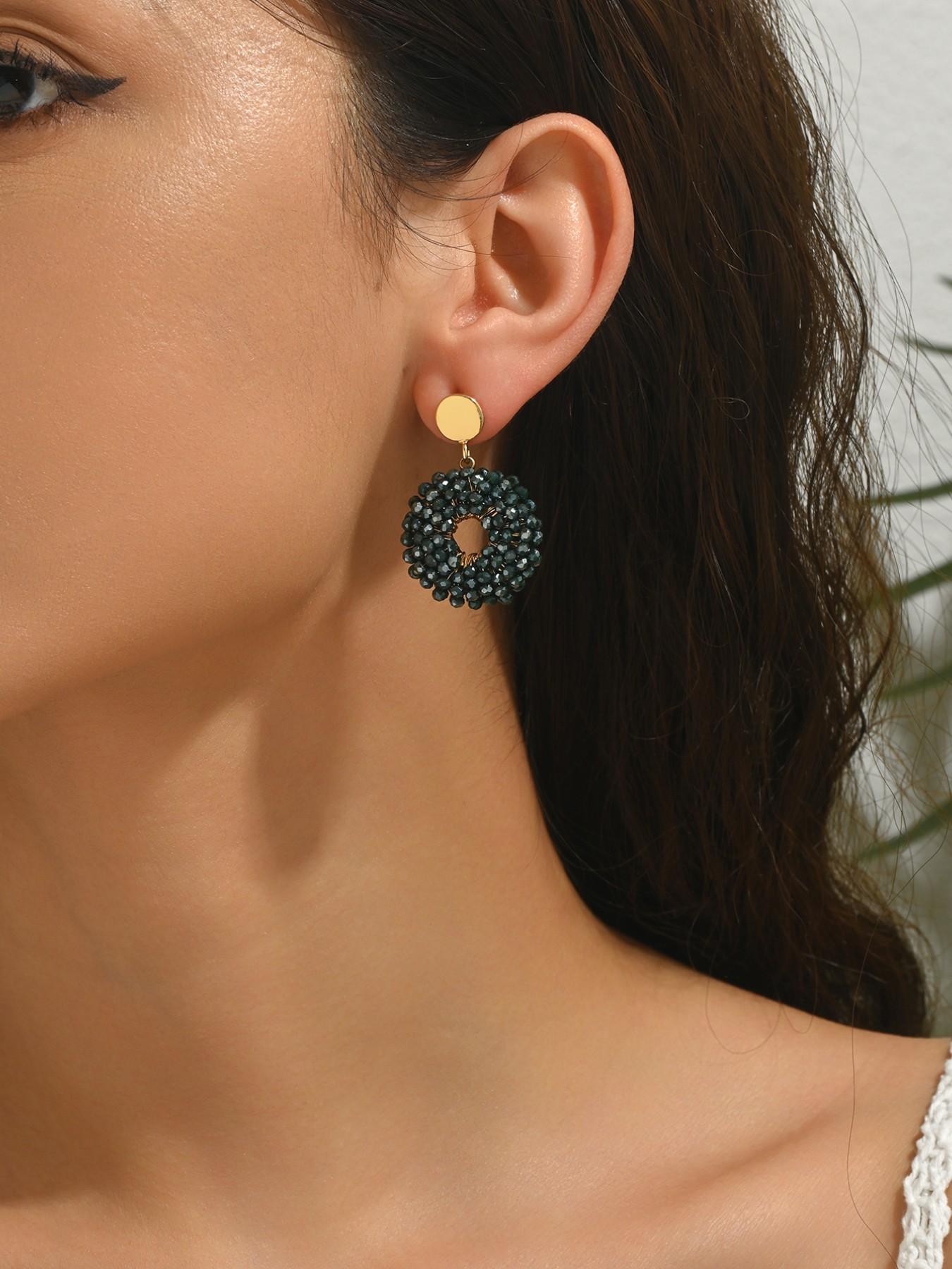 A pair of pure handmade, beaded circular dangle earrings featuring a dazzling "Bling-Bling" effect and a chic Bohemian resort style. These vintage-inspired, ethnic-style earrings offer a unique, versatile, and minimalist aesthetic—exuding elegance