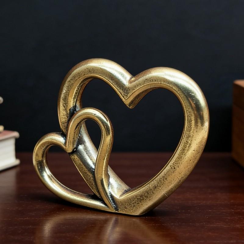 Vintage Brass Heart Fusion Ornament, European Aged Texture Heart Desktop Decor, Valentine's Day Wedding Anniversary Gift