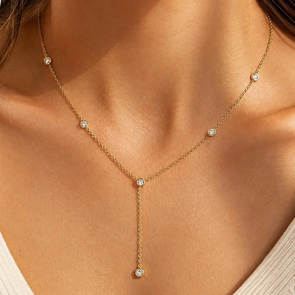 14K Gold Plated Lariat Cubic Zirconia Station Necklace for Women, Trendy Simple Statement Drop Pendant Necklace, Prom Fashion Jewelry Accessories Gift for Her
