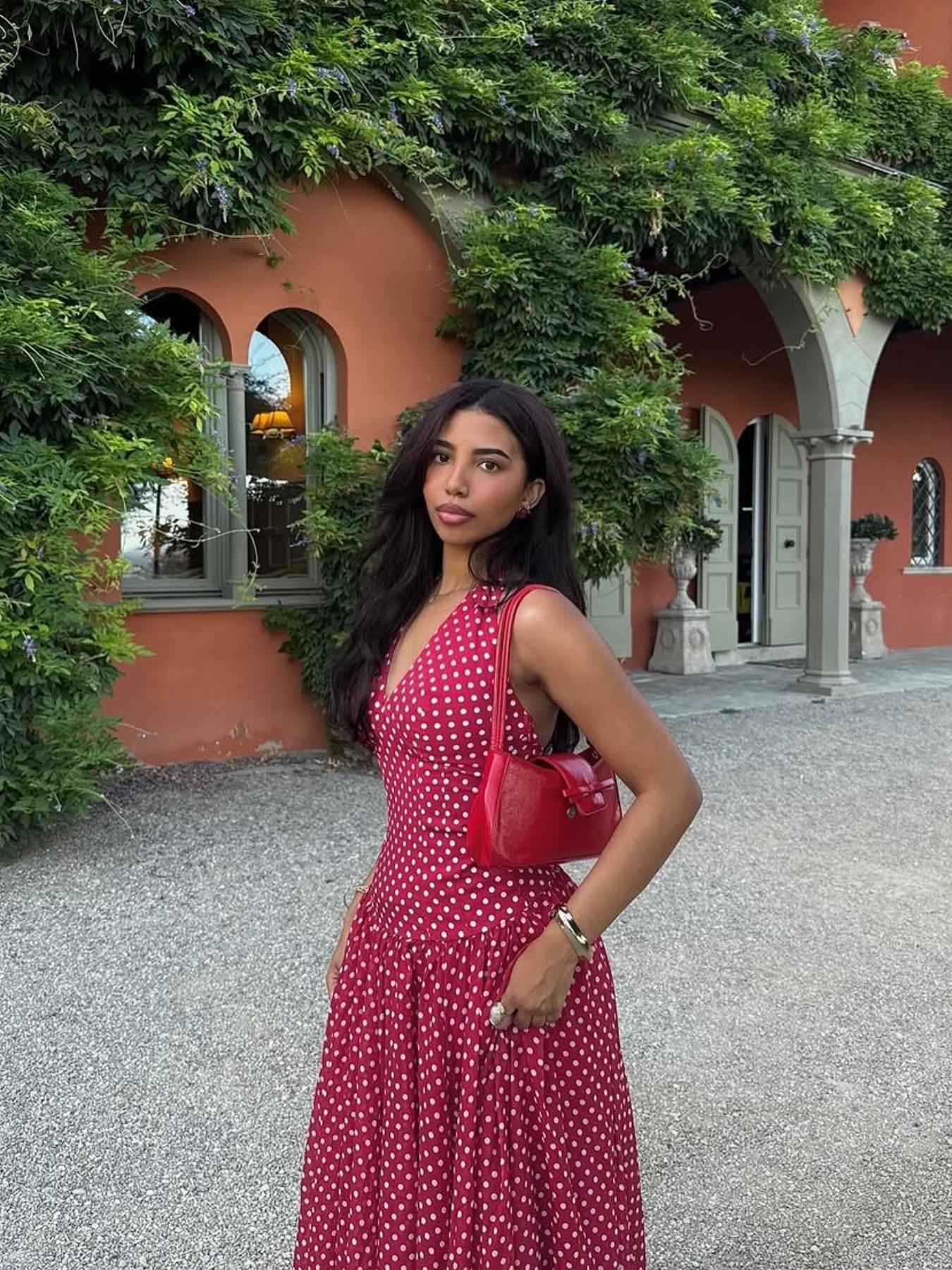 Elegant Vintage Polka Dot Halter Deep V Neck Backless Tie Waist Fitted Dress, Pure Color Retro Style, Women's Fashion Party Dress