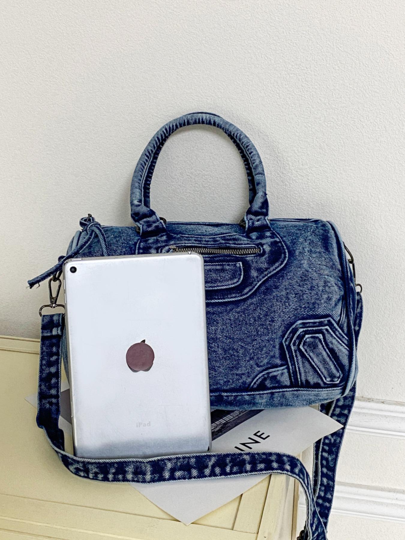 Vintage Denim Motorcycle Bag Large Capacity, Denim Shoulder Purse, Casual Crossbody Shoulder Bag for Women, Trendy Handbag for Work and Vacation