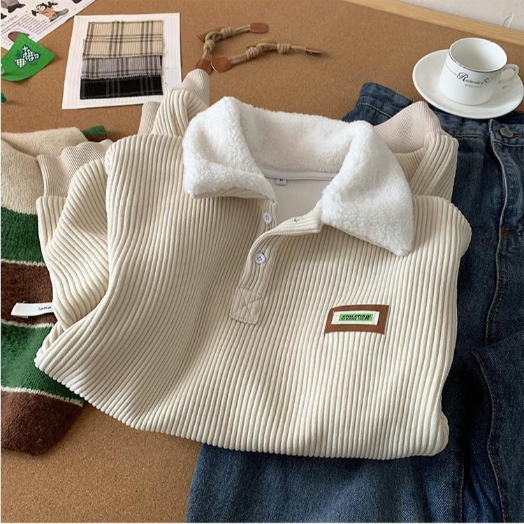 2025 NEW Corduroy Polo collar sweater couple autumn and winter style plus velvet thickened simple fashion lamb wool coat Comfort Long Sleeve