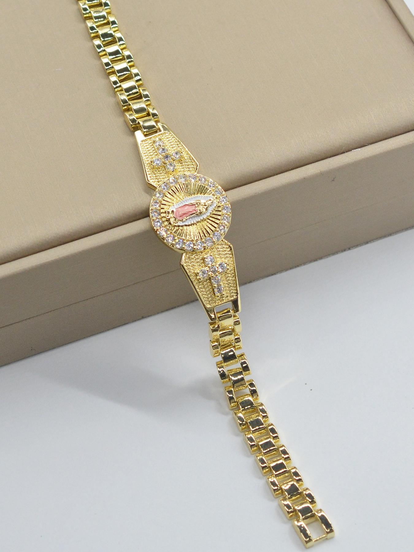 Vintage Religious Rhinestone Mary Cross Bracelet, Unisex, Easter, Thanksgiving, Church Prayer Jewelry