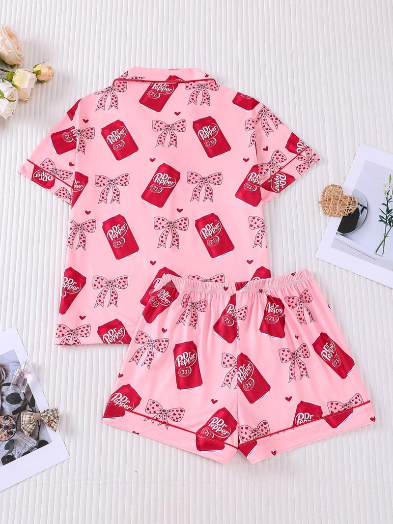 Women's Valentine's Day Spring Summer Set, Heart & Bow Pattern, Fitted Short Sleeve Top & Shorts, Casual All-Season Wear